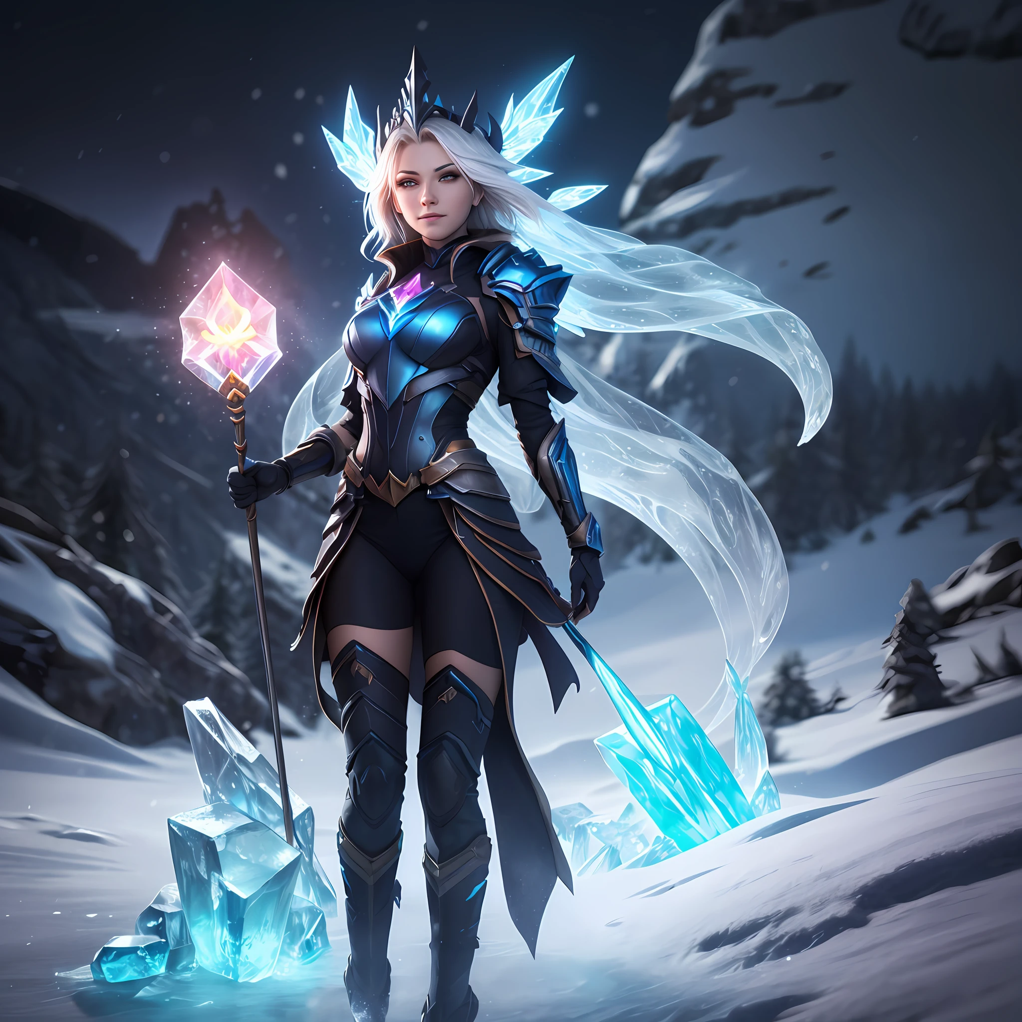 a beautiful demonic sorceress conjuring ice,standing and looking at viewers, various ice chains around her,(((detailed perfect face))),light smile, beautiful face, seductive body,tall body, mature body, BREAK frost aura, ice spear, lots of ice shard, blue and white ice shard dazzling around, small ice phoenix flying in the background, crystal and snow on the ground, blizzard, sexy body BREAK,Detailed,Realistic,4k highly detailed digital art,octane render, bioluminescent, BREAK 8K resolution concept art, realism,by Mappa studios,masterpiece,best quality,official art,illustration,ligne claire,(cool_color),perfect composition,absurdres, fantasy,focused,rule of thirds, --auto