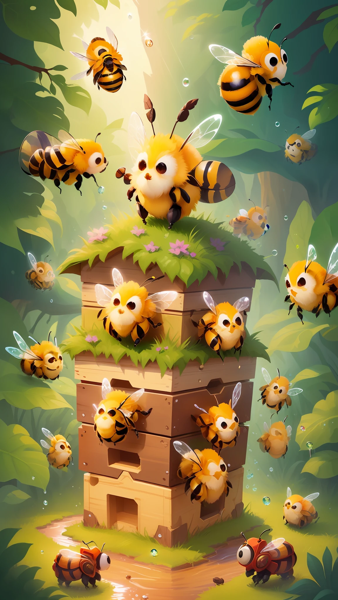 ((Water droplets are falling)), (Angle from below ), A lot of bees are flying around、Beehive painting, game illustration, mobile game art, fantasy beekeeper, painting big bees flying around, cute detailed digital art, bees, detailed game art illustration, honey and bee hive, Adorable Digital Painting, isometric game art, hive, human structure bee concept art, isometric 2 d game art