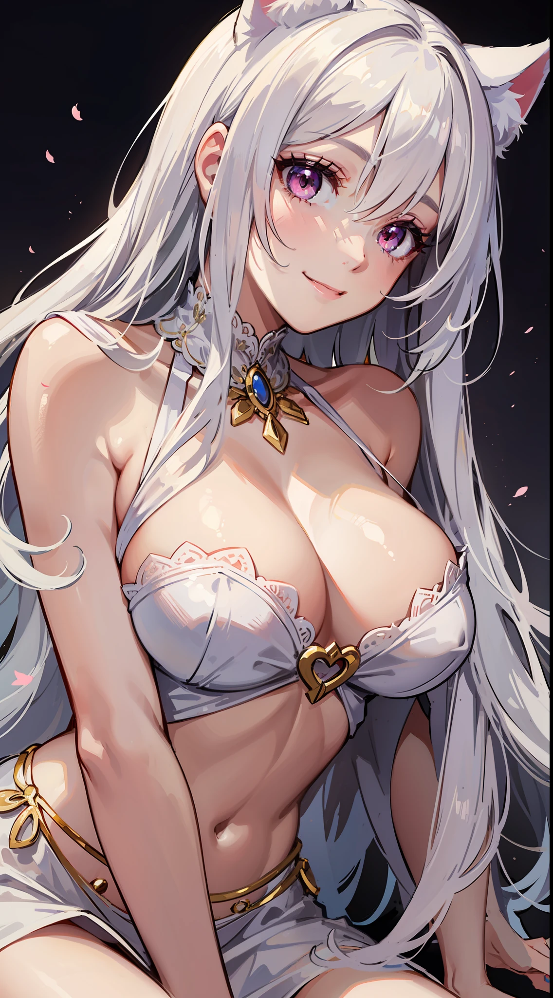 Adult female, Long white hair, pink eyes, cat ears, white gown, big chest, Lush breasts, Languid look, Smile Masterpiece, HighQuality
