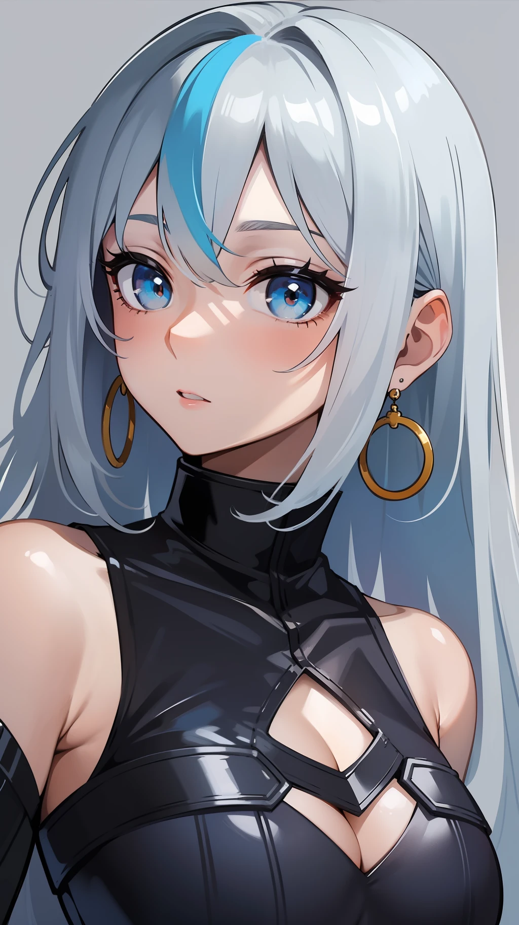 A close-up,The background orange is interlaced with blue,The white-haired girl turned her back to the camera and half-turned to look at the camera,Round earrings,Kazilan's eyes widened,Messy hair,Blue pupil,The chest is slightly larger,Show some shoulders,The expression was a little surprised,The skin is white and smooth