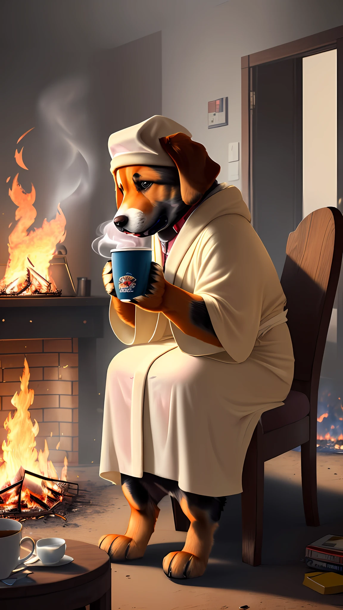 (best quality:1.23), (masterpiece:1.12), (realistic:1.24), (anthropomorphic dog:1.5) holding a coffee cup, sitting, in a robe, eating breakfast and holding a coffee cup, hat, particles, volumetric lighting, room burn down, ground and chair on fire, lots of gadgets and equipment on fire, smoke, (flames all around:1.2),
