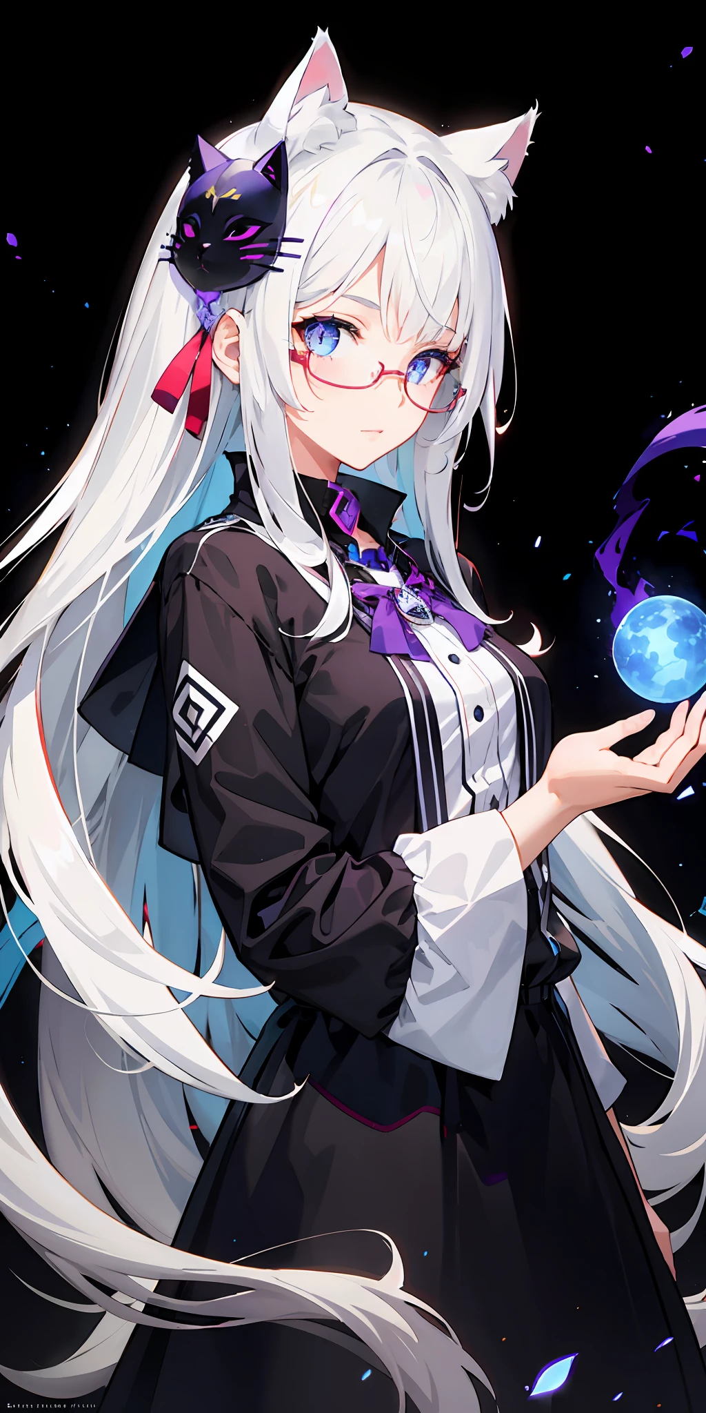 1girl, white hair,cat ears, multicolored hair, purple blue eyes, mask on head, sidelighting, dark particles, wallpaper,white fox tail, medium breast, (8k), glowing, collarbone, glasses, (megane), (tails)