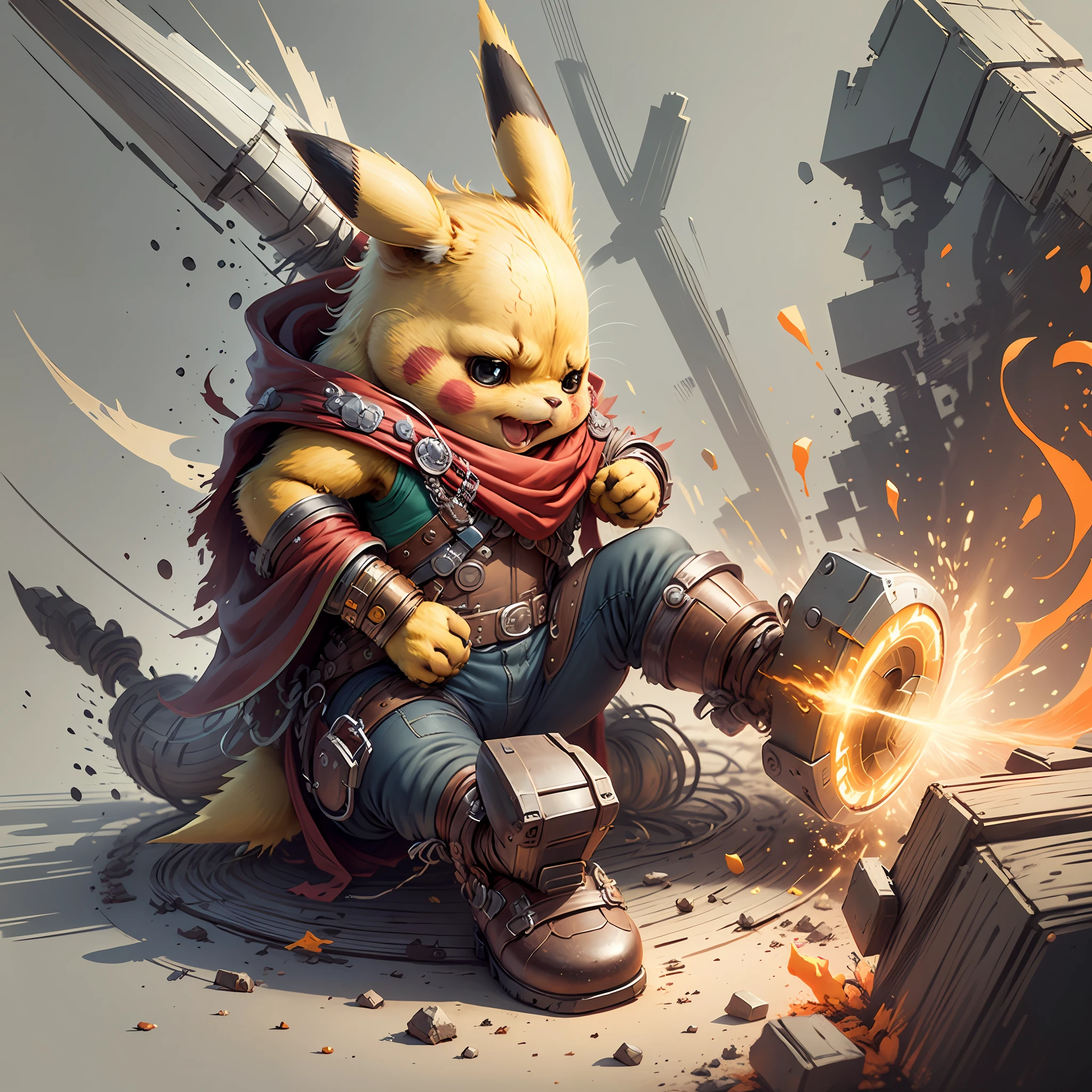 Start with a basic sketch of Pikachu, with a Thor hammer in one hand and wearing a red cape with gold accents.
Add some Thor features such as a helmet with wings and boots with metal details to add a more authentic touch to the character.
To give Pikachu a fluffy touch, overdo the dimensions of his head and ears and add rosy cheeks.
Use vibrant, cheerful colors to bring your drawing to life, with shadows and highlights that create depth and texture.
Add a suitable background to the drawing, such as a scenario that shows Pikachu in action or a simple background that doesn't distract the character's attention.
To finish, add some clean and crisp lines that highlight the characteristics of the character and add a more "cartoon" touch to the drawing. --auto --s2