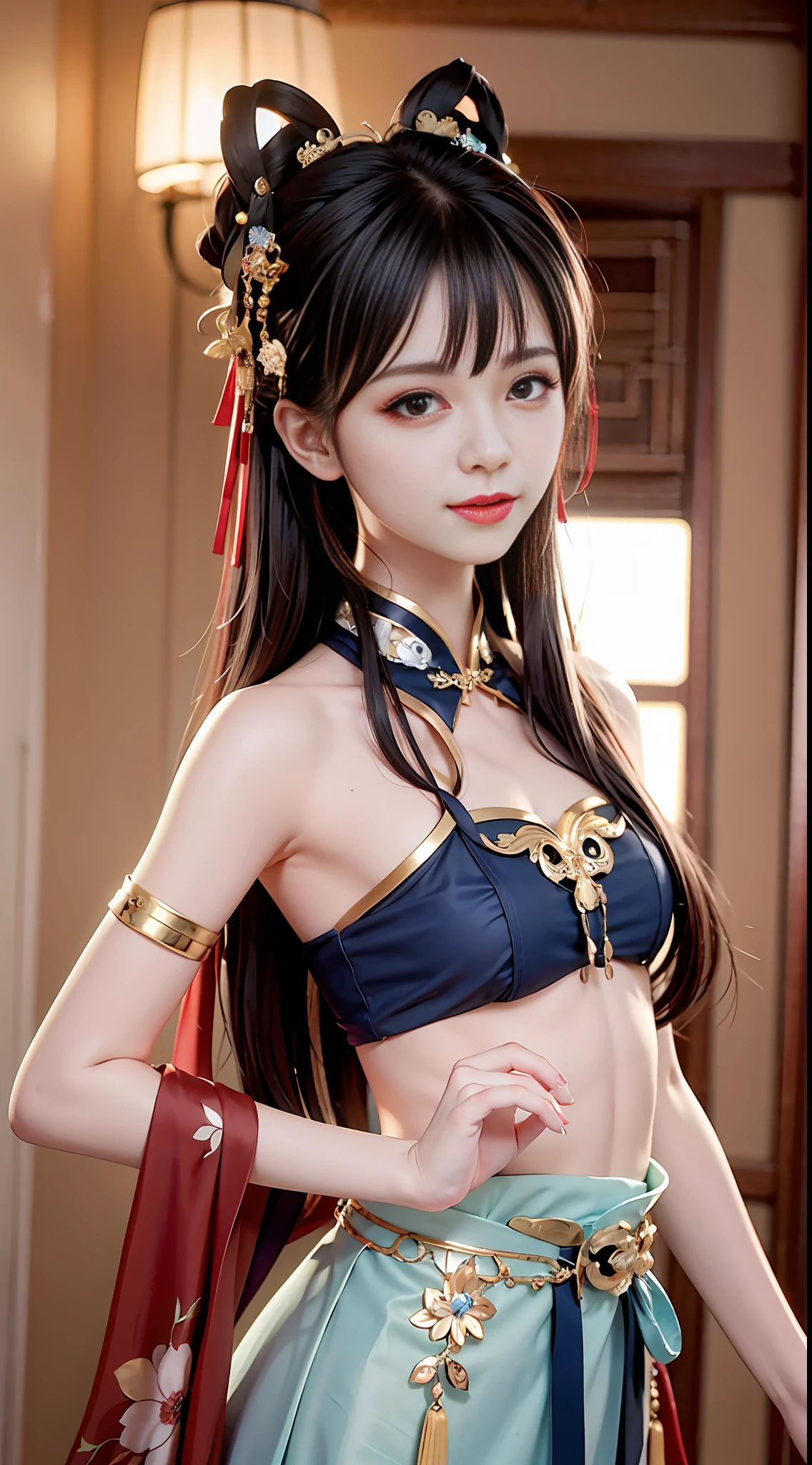 Best quality, master-piece, high resolutions, 1girls, Blushlush,(Seductive smile:0.8), Star pupil, Red porcelain halter neck Hanfu, hair ornamen, gargantilha, Ornaments, beauty face, human body, Tindal Effect, Lifelike, dark studio, edgelighting,Two-tone illumination，（High Detail Skins：1.2），8k uhd，Slr，softlighting，high qualit，volume illumination，Candid camera，photot，high resolutions，4K，8K，bokeh，（Small head）