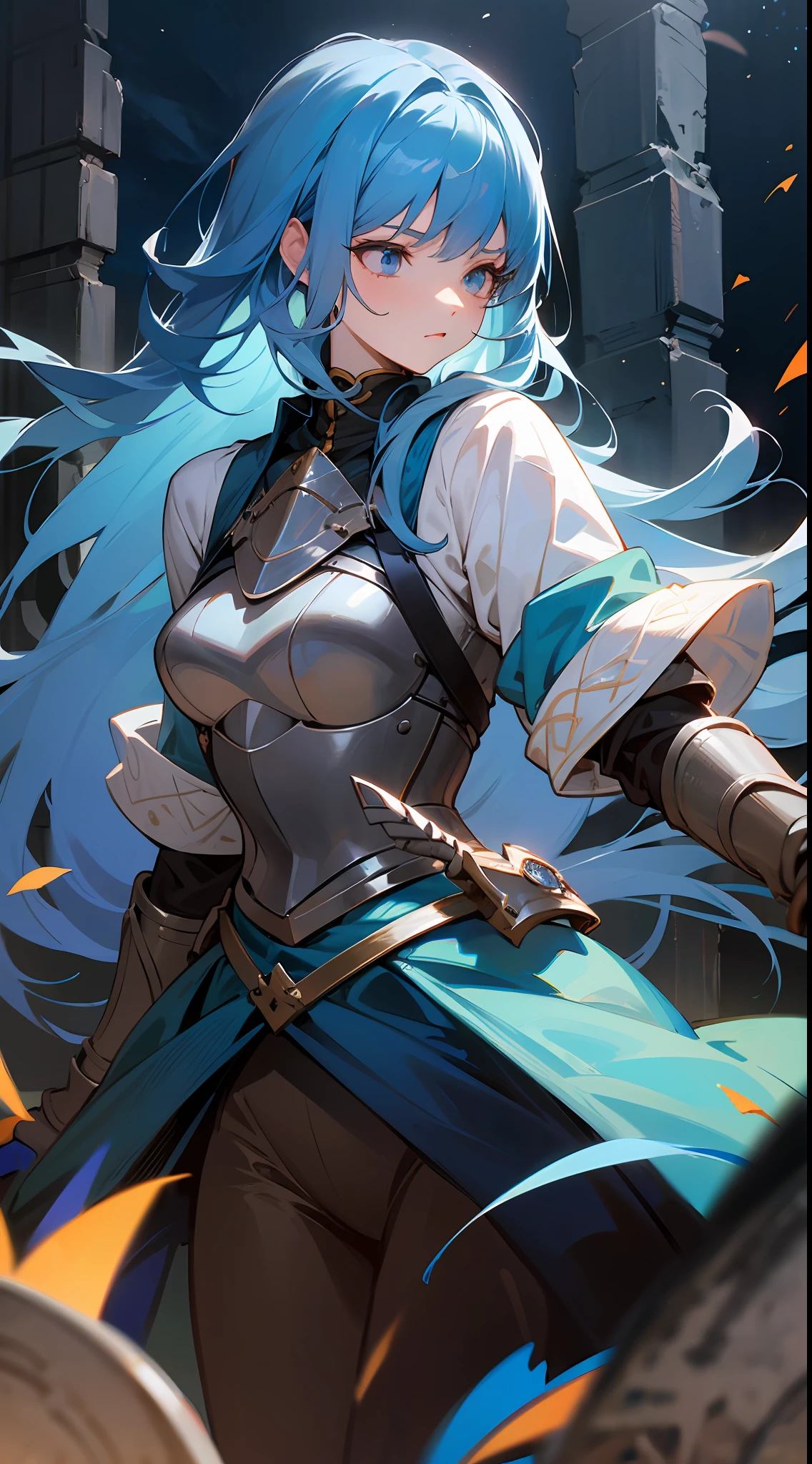 maximum quality、Intrincated detailed、8K、4 k、Highresolution、Intrincated detailed、Long-haired knight girl with blue hair、Upper body is shown、Stone ruins、Fighting the enemy、(Fantasy world)、night、dim、