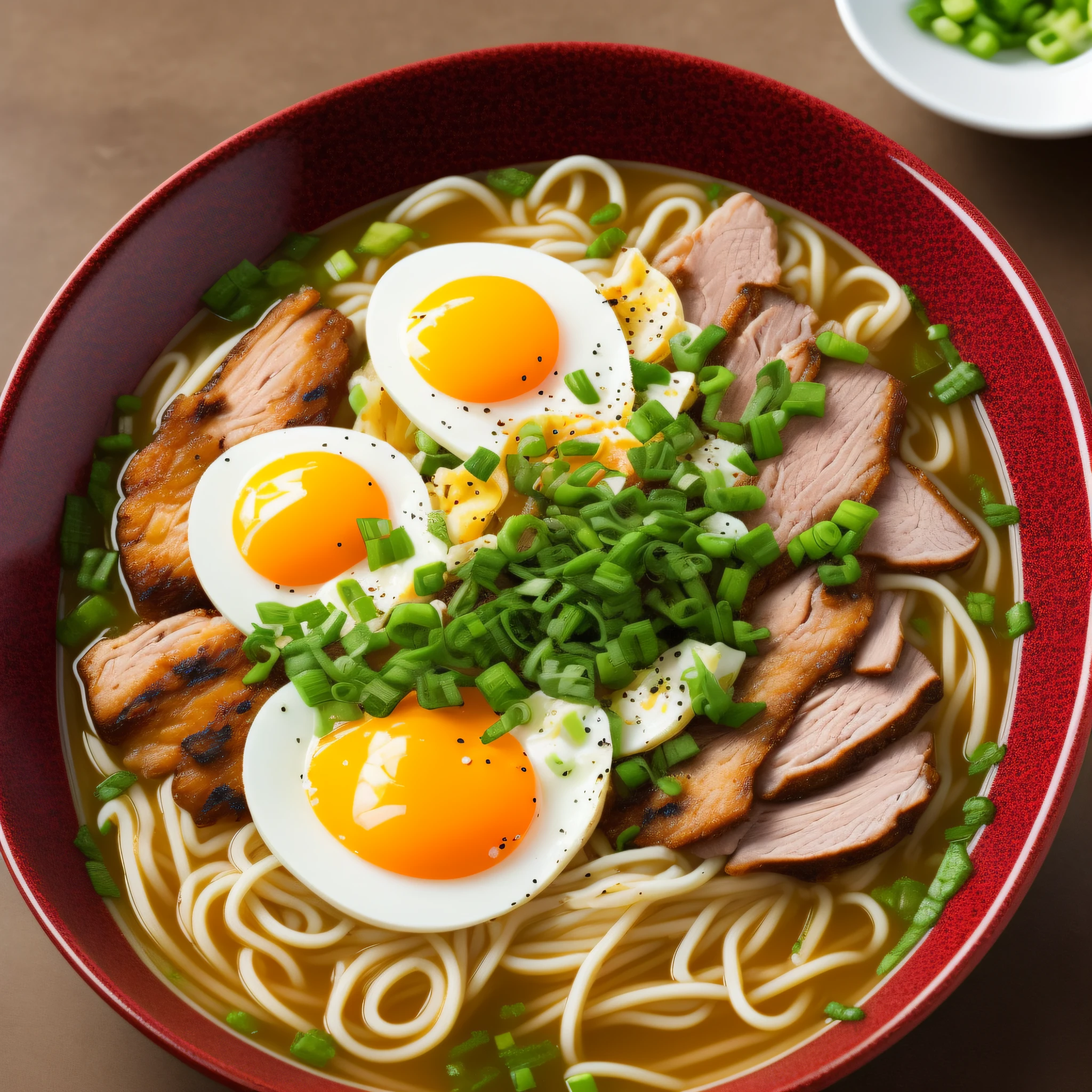 This picture shows a super realistic, HD, bowl of steaming hot ramen noodles, with a variety of toppings including sliced pork, boiled egg, green onions, and a sheet of nori (dried seaweed). The broth looks rich and flavorful, likely made from a combination of chicken, pork, and dashi (fish and seaweed stock). Ramen is a popular and beloved dish in Japan, and can be found at many restaurants and street food stalls.