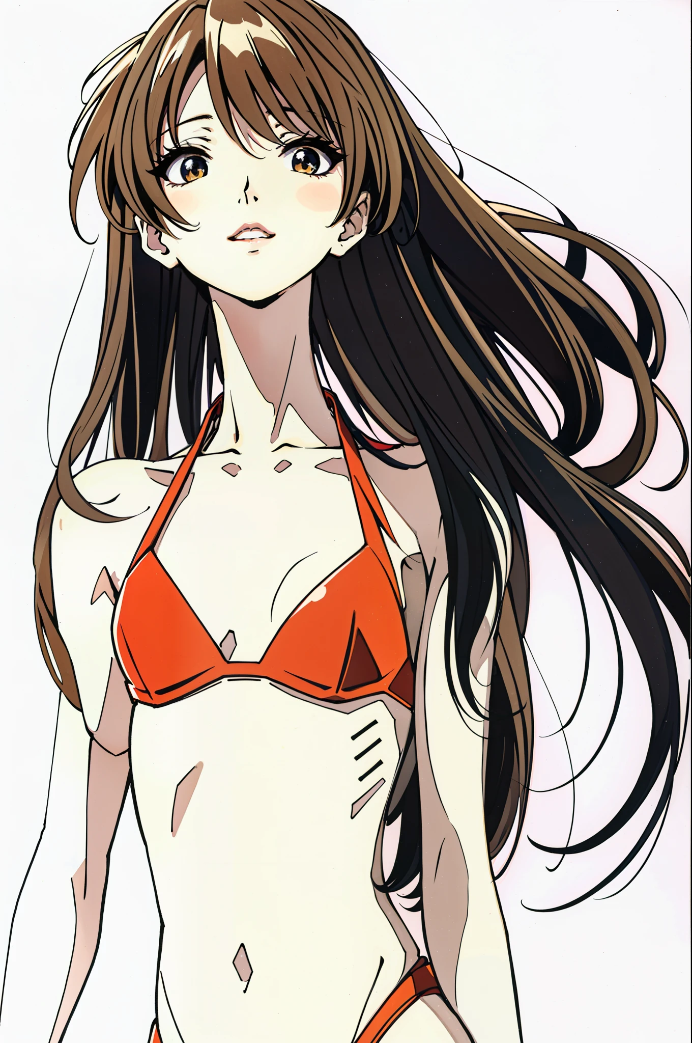 foto retrato de cuerpo entero, beautiful anorexic Asuka Langley, muy flaca en bikini, huesos y costillas visibles, Small flat breasts, very small waist, piernas delgadas, rostro hermoso, vista de perfil de Asuka  Langley muy muy flaca, fondo blanco.