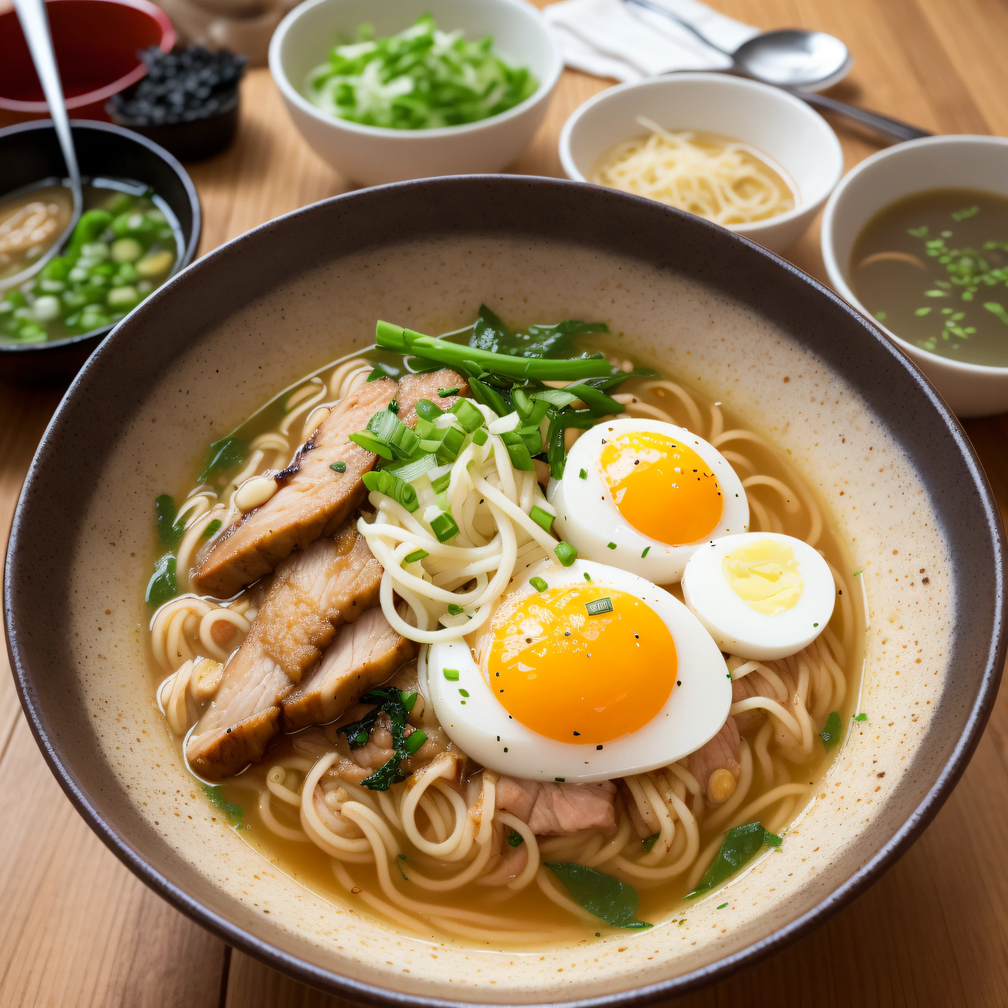This picture shows a super realistic, HD, bowl of steaming hot ramen noodles, with a variety of toppings including sliced pork, boiled egg, green onions, and a sheet of nori (dried seaweed). The broth looks rich and flavorful, likely made from a combination of chicken, pork, and dashi (fish and seaweed stock). Ramen is a popular and beloved dish in Japan, and can be found at many restaurants and street food stalls.