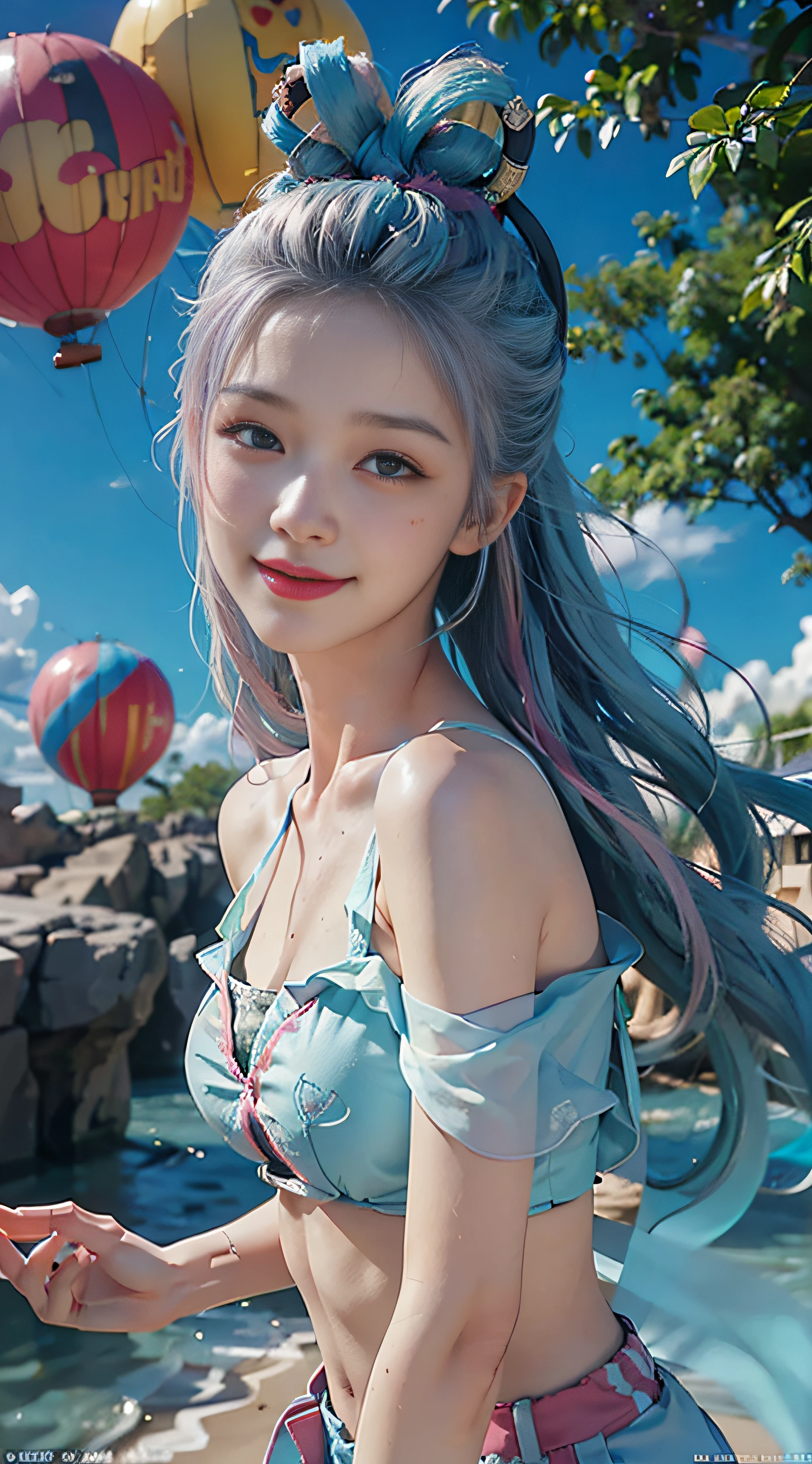 ((bust photo)), ((2 arms)), ((2 legs)), ((bare shoulder)), (seductive), (charming), (beautiful detailed face))), ((messy hair)), ((smile)), (gradient eyes)), ((white cloud background)), ((chest reduction)), ((shorts)), ((high saturation)), ((balloon)), (dynamic angle), ((city), (night), (outdoor), ((outdoor), (( Highly detailed face and skin textures)), ((double eyelids)), ((whitening skin)), ((magazine cover)), (close-up: 1.1), (Bauhaus, shapes, lines, abstraction: 1.1), (iridescent hair, colorful hair, half blue and half pink hair: 1.2), (bright smile), dreamland, skyscraper, (tree of life), whirlpool, magic array, soap bubbles, floating in the sky, bright, happy, funny, soft lighting, mean,
