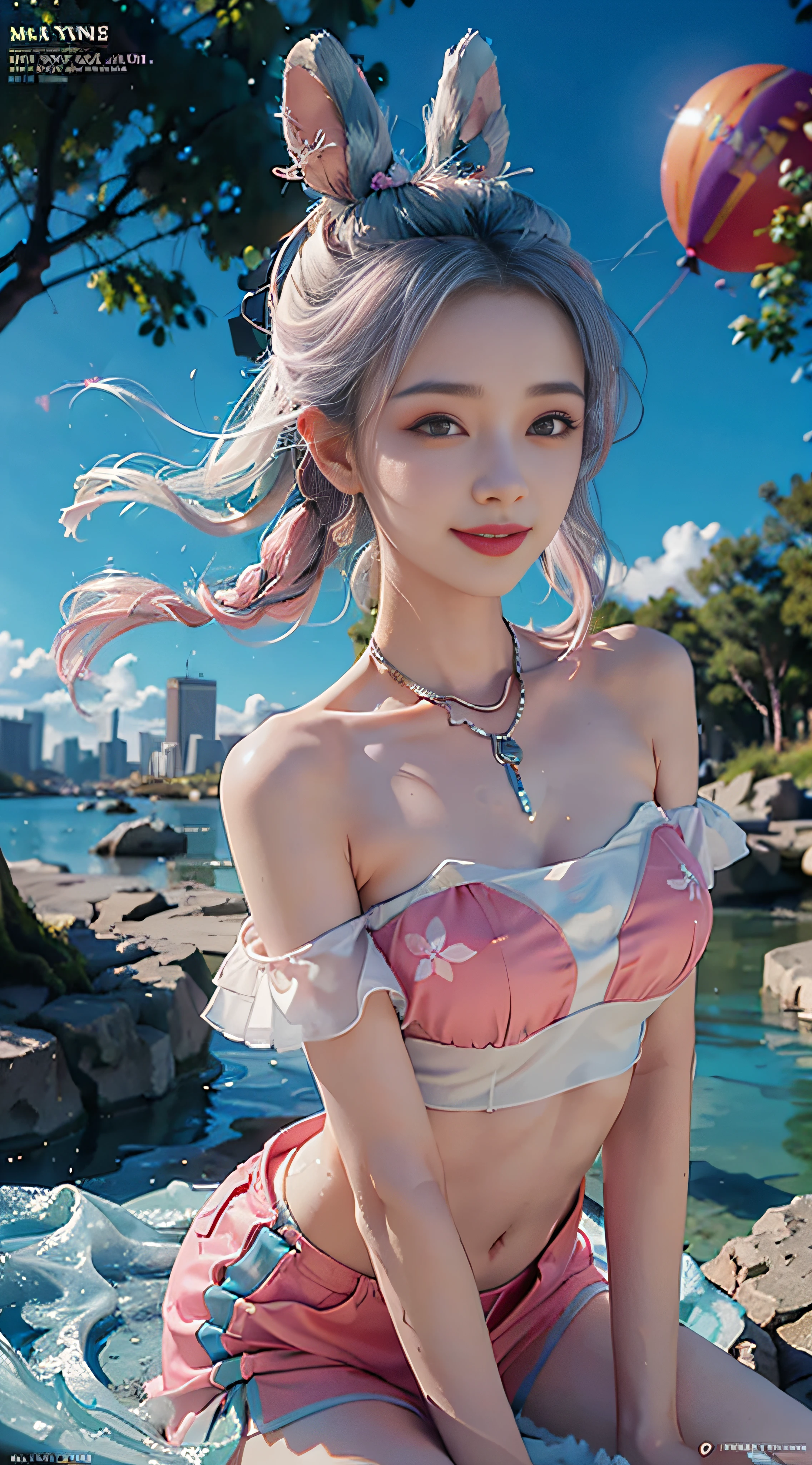 ((bust photo)), ((2 arms)), ((2 legs)), ((bare shoulder)), (seductive), (charming), (beautiful detailed face))), ((messy hair)), ((smile)), (gradient eyes)), ((white cloud background)), ((chest reduction)), ((shorts)), ((high saturation)), ((balloon)), (dynamic angle), ((city), (night), (outdoor), ((outdoor), (( Highly detailed face and skin textures)), ((double eyelids)), ((whitening skin)), ((magazine cover)), (close-up: 1.1), (Bauhaus, shapes, lines, abstraction: 1.1), (iridescent hair, colorful hair, half blue and half pink hair: 1.2), (bright smile), dreamland, skyscraper, (tree of life), whirlpool, magic array, soap bubbles, floating in the sky, bright, happy, funny, soft lighting, mean,