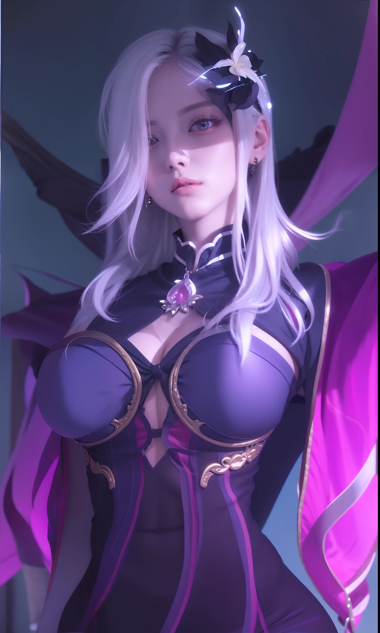 realistic, 1girl, white hair, purple eyes, glowing eyes, crop top, skirt, parted lips, blush, night, flowers, sun, sunlight,