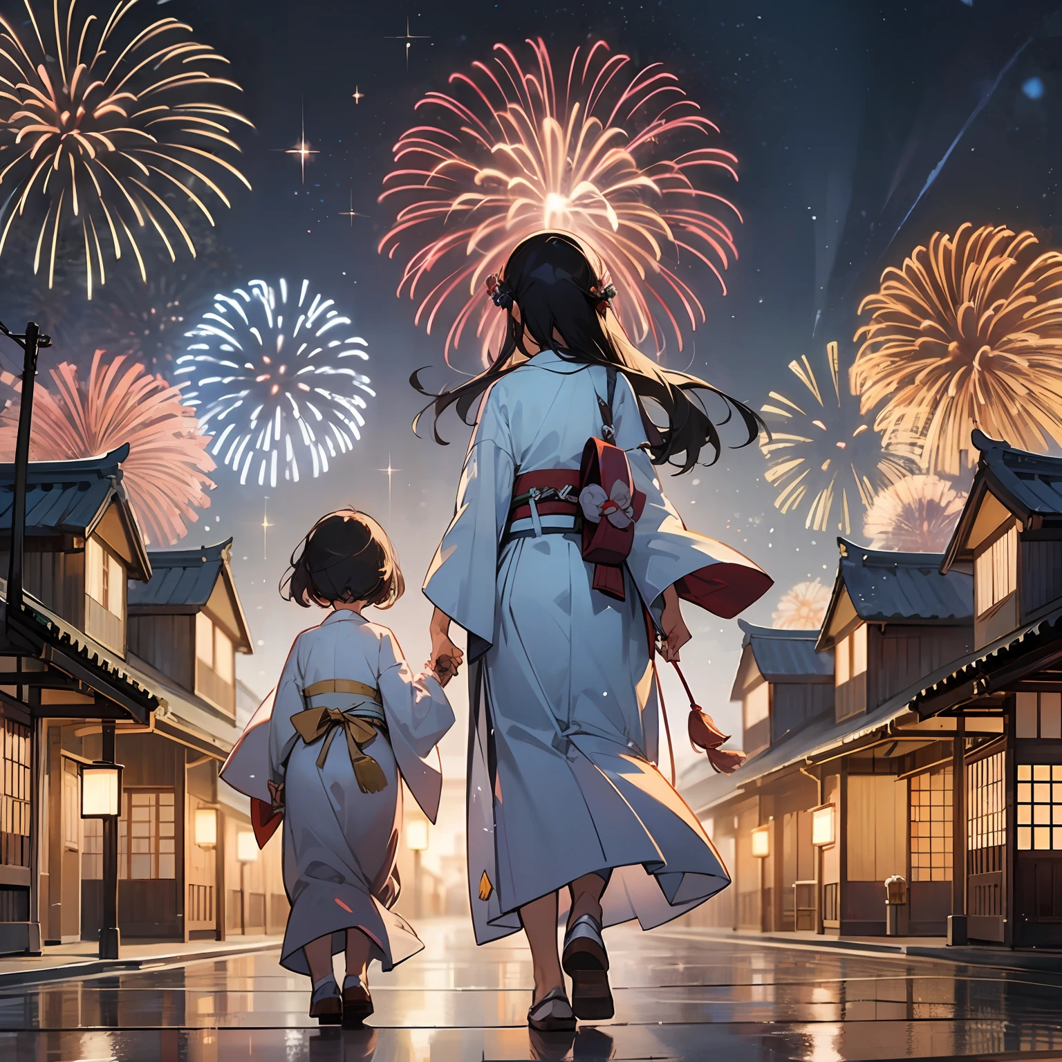 Walking hand in hand with mother at fireworks display venue５There is a girl of year old, traditional japanese concept art, [ Fireworks in the sky ]!!