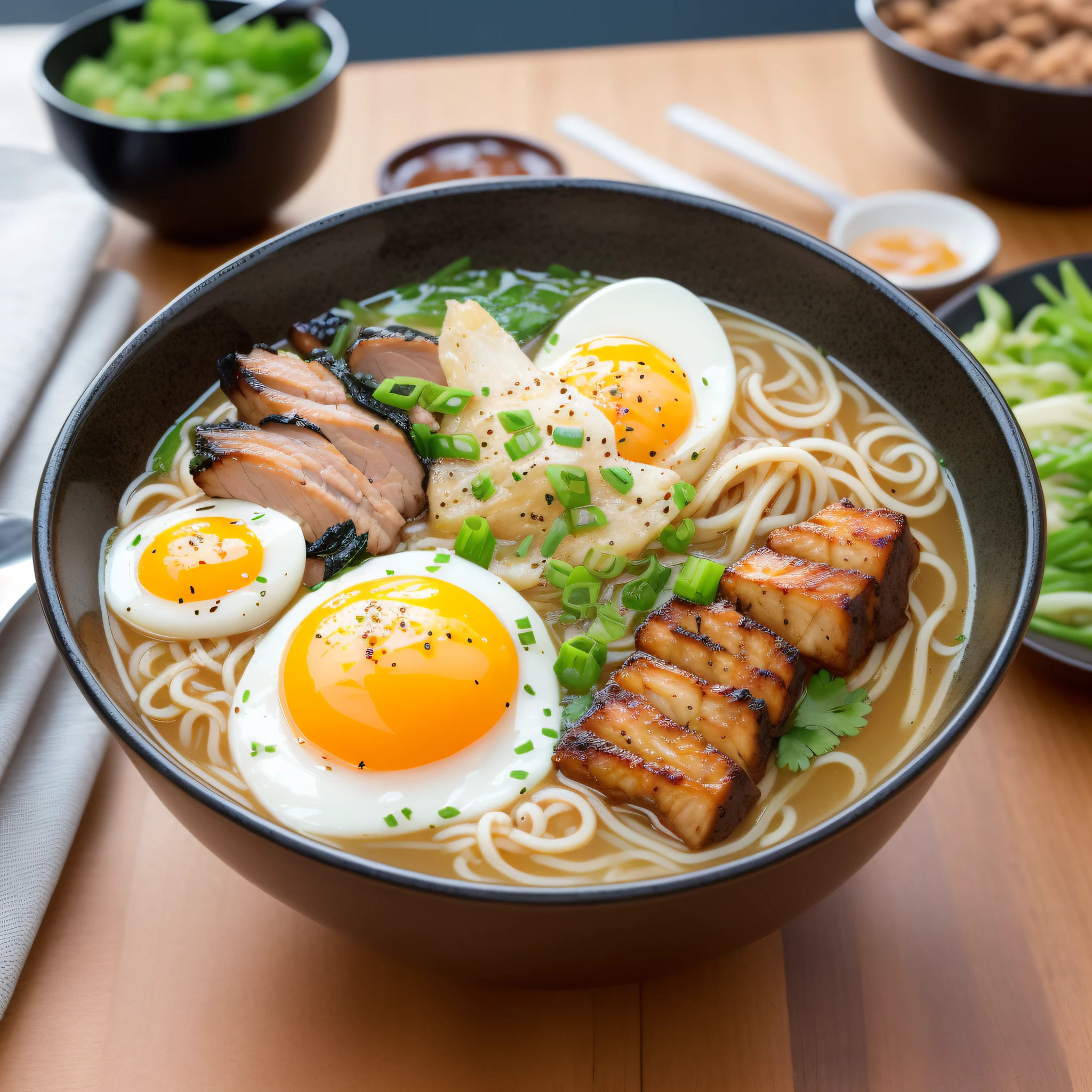 This picture shows a super realistic, HD, bowl of steaming hot ramen noodles, with a variety of toppings including sliced pork, boiled egg, green onions, and a sheet of nori (dried seaweed). The broth looks rich and flavorful, likely made from a combination of chicken, pork, and dashi (fish and seaweed stock). Ramen is a popular and beloved dish in Japan, and can be found at many restaurants and street food stalls.