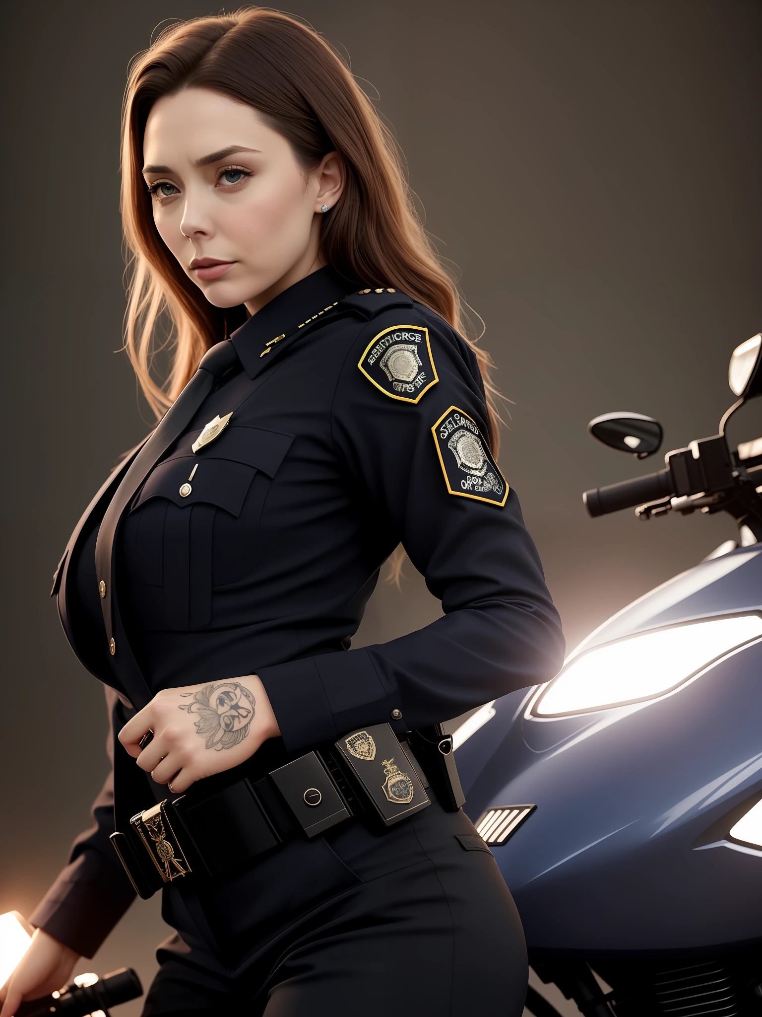 Elizabeth Olsen , Policewoman, Delicate and beautiful face, Blush face, hair spread out, Hair strips dyeing,Angry, parted lips, tattooed,Busty boobs, Convex buttocks, White striped shirt, With police insignia, black necktie, Black suit pants, Black high heels, mitts, Raise the pistol, perfectly proportioned, Detailed clothing details, Police motorcycles, Police light effect, The metropolis of the future, Sci-fi sense, Cinematic lighting, filmgrain, Fujicolor, contrast between light and dark, 8K, Masterpiece, Textured skin, Super detail, highdetailed, High quality, high resolutions,