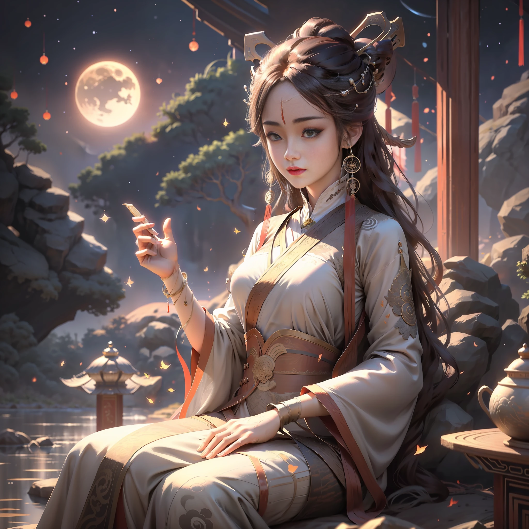 Goddess of ancient Chinese style，Dressed in gorgeous Chinese clothes，Reserved and noble。She is independent under the bright moon，Gaze at the vast river of stars in the distance。