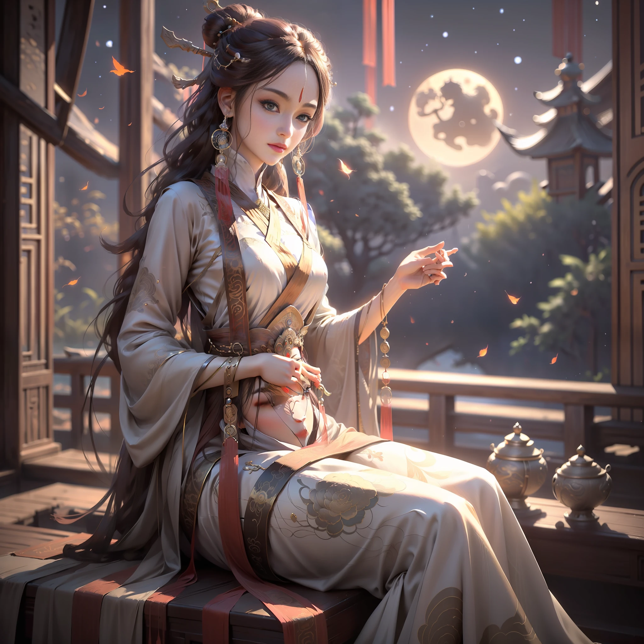 Goddess of ancient Chinese style，Dressed in gorgeous Chinese clothes，Reserved and noble。She is independent under the bright moon，Gaze at the vast river of stars in the distance。