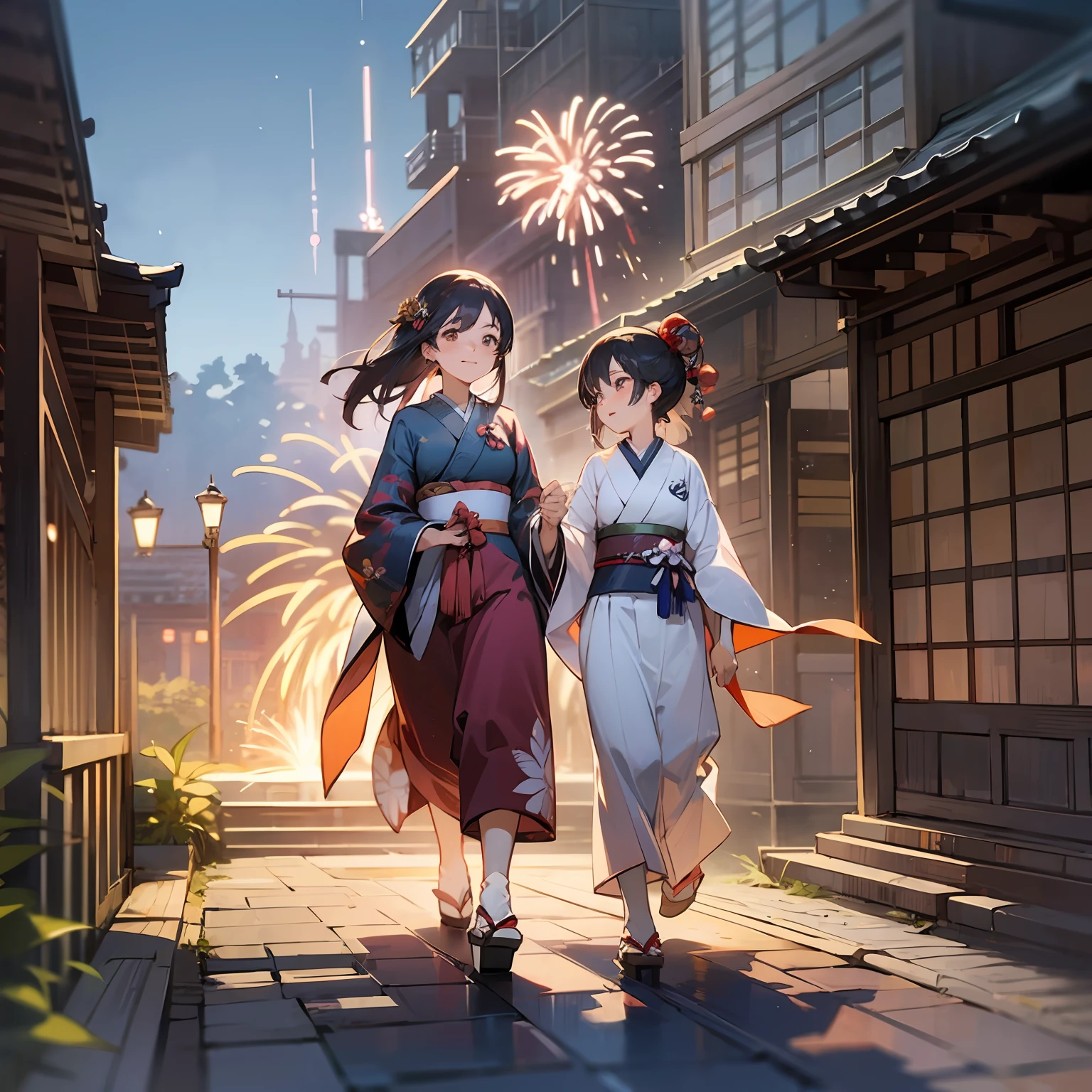 Walking hand in hand with mother at fireworks display venue５There is a girl , traditional japanese concept art, [ Fireworks in the sky ]!!