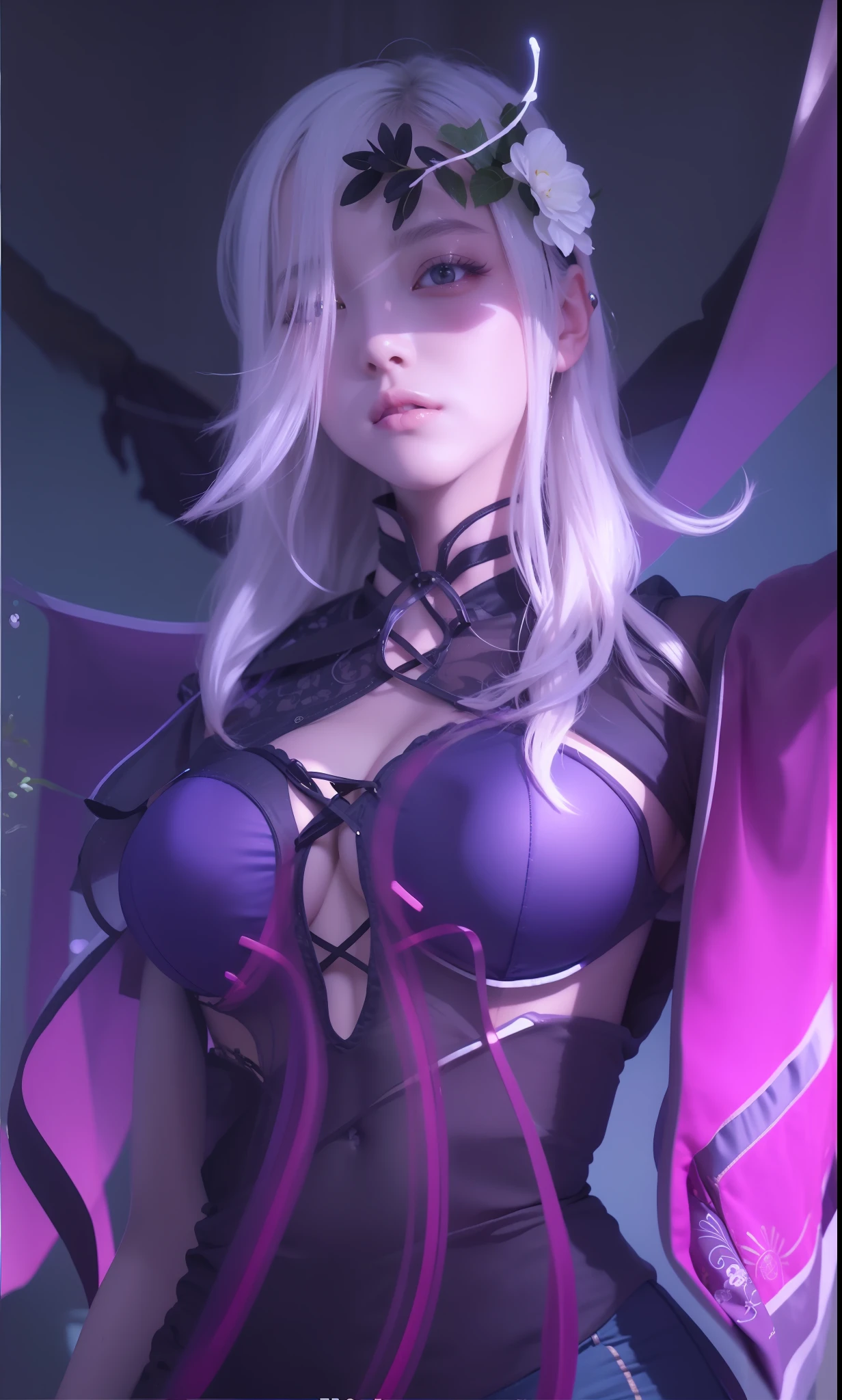 realistic, 1girl, white hair, purple eyes, glowing eyes, crop top, skirt, parted lips, blush, night, flowers, sun, sunlight,