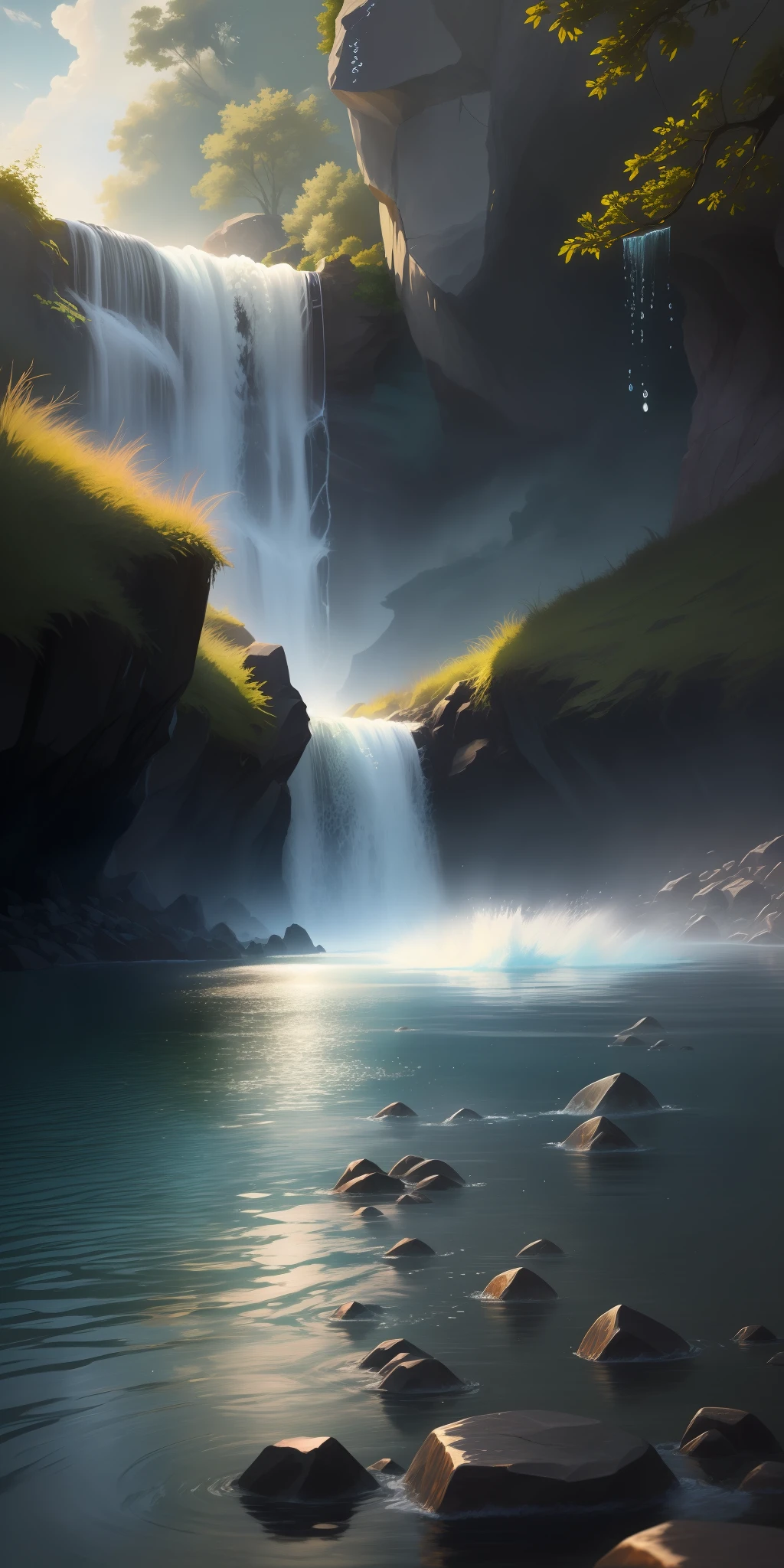 Water through,colorful water,water falling down in sky,dark background, high resolution,high quality