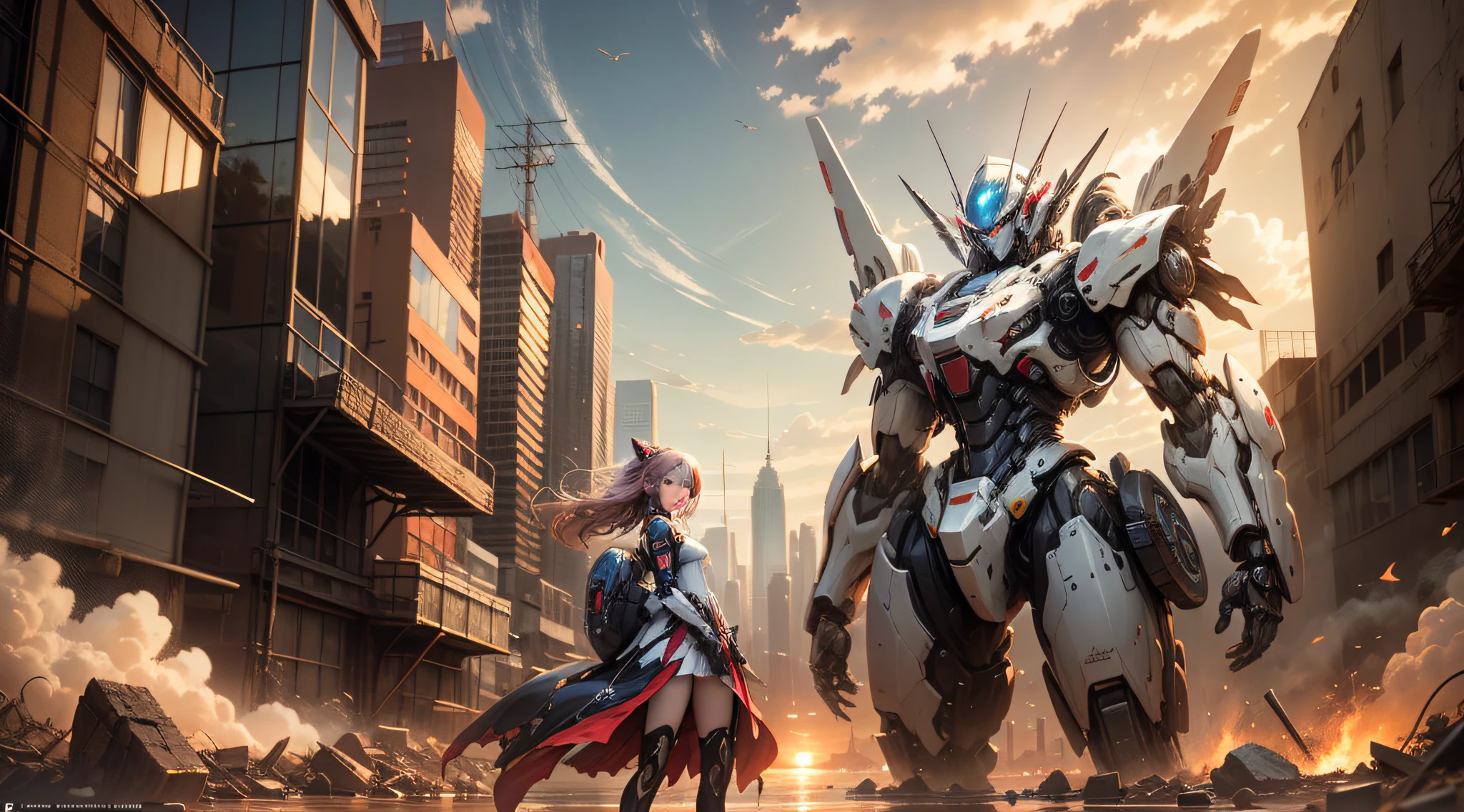 masterpiece,best quality,ultra-detailed,extremely detailed CG unity 8K wallpaper,1 girl,extremely delicate and beautiful,stand on an broken mecha,stare at sky,sunset