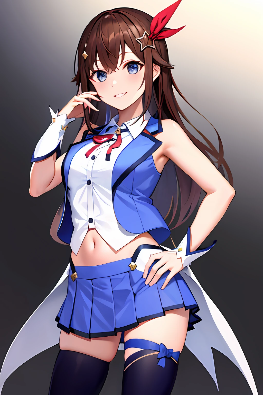 masterpiece, best quality, highres, ts1, white shirt, blue vest, sleeveless, blue thighhighs, blue skirt, waist cape, wrist cuffs, leg ribbon, neck ribbon, midriff, breasts, cowboy shot, filed, hand on hip, smile. white background