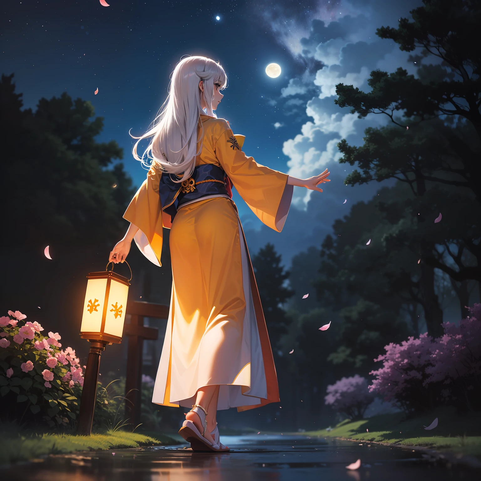 Open landscape , Landscape , Panorama shot , (Looking up, Looking down), Shrine maiden looking up, (Full moon: 1. 2), (Shooting star: 0. 9), (Nebula: 1. 3), Starry sky, Shining lantern, Fantastic cherry blossom tree, Trees, (Warm light source: 1. 2), (Firefly: 1. 2), Lamp 3), Starry sky, Torii gate, (Warm light source: 1. 2), ( (Firefly: 1. 2), Lamp, Orange and Blue Fine Detail, (Masterpiece: 1. 2), (Best Quality), 4k, Ultra Fine Detail, (Dynamic Composite: 1. 2), (Best Quality), Lamp, Orange and Blue Voluminous Lighting Main Fine Detail BREAK ((Masterpiece: 1.2), (Best Quality), 4k, Ultra Fine Detail, (Dynamic Composite: 1.4), Very Fine Detail, Colorful Detail, (Iridescent: 1. 2), (Luminous Lighting, Ambient Lighting), Dream like ( Ambient Lighting), dreamy, fantastic, (Solo: 1.2), sparkling, petals dancing, dancing light, white hair, beautiful hair, long hair, dancing hair, back view, puddle, dynamic pose, priestess outfit, priestess, red kimono