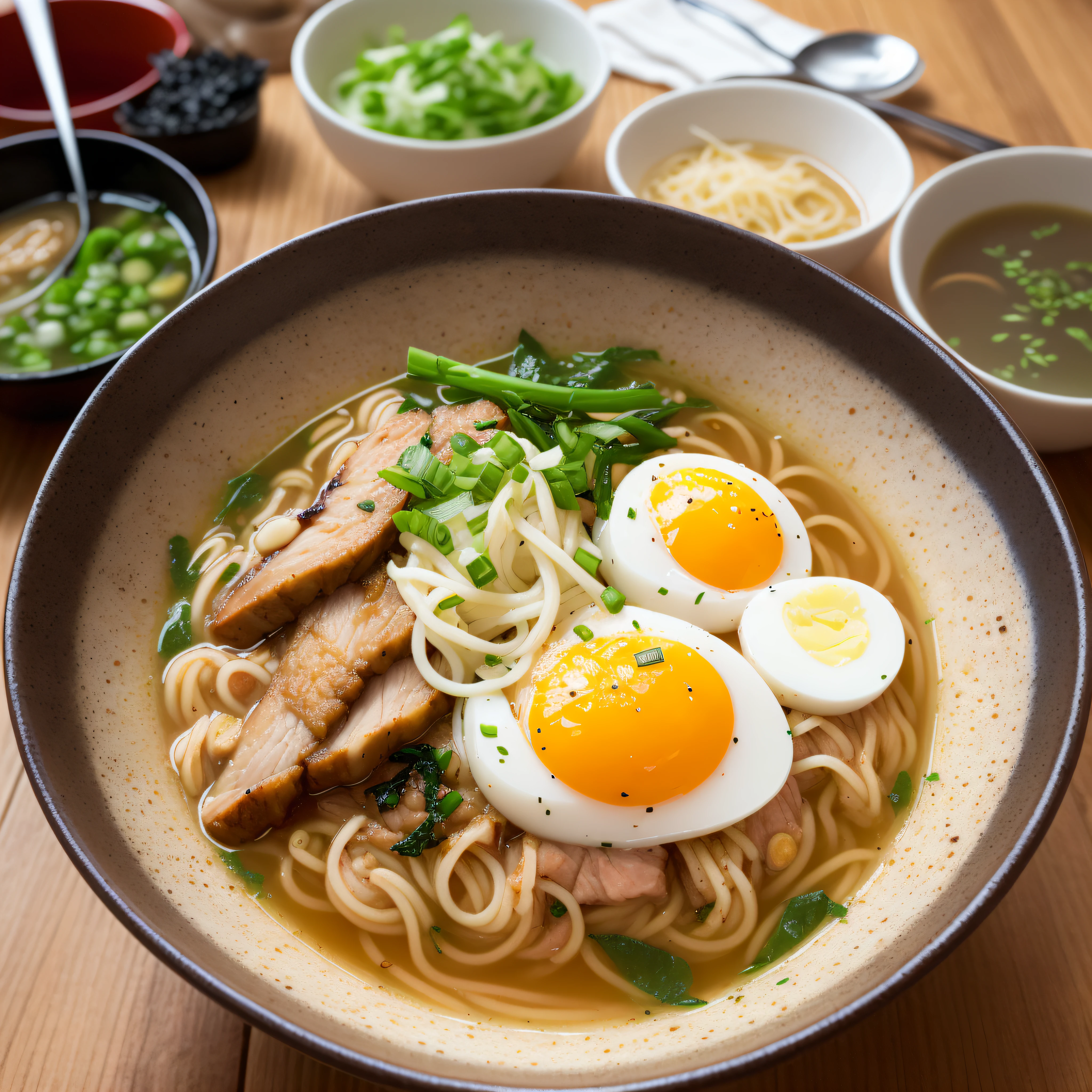 This picture shows a super realistic, HD, bowl of steaming hot ramen noodles, with a variety of toppings including sliced pork, boiled egg, green onions, and a sheet of nori (dried seaweed). The broth looks rich and flavorful, likely made from a combination of chicken, pork, and dashi (fish and seaweed stock). Ramen is a popular and beloved dish in Japan, and can be found at many restaurants and street food stalls.