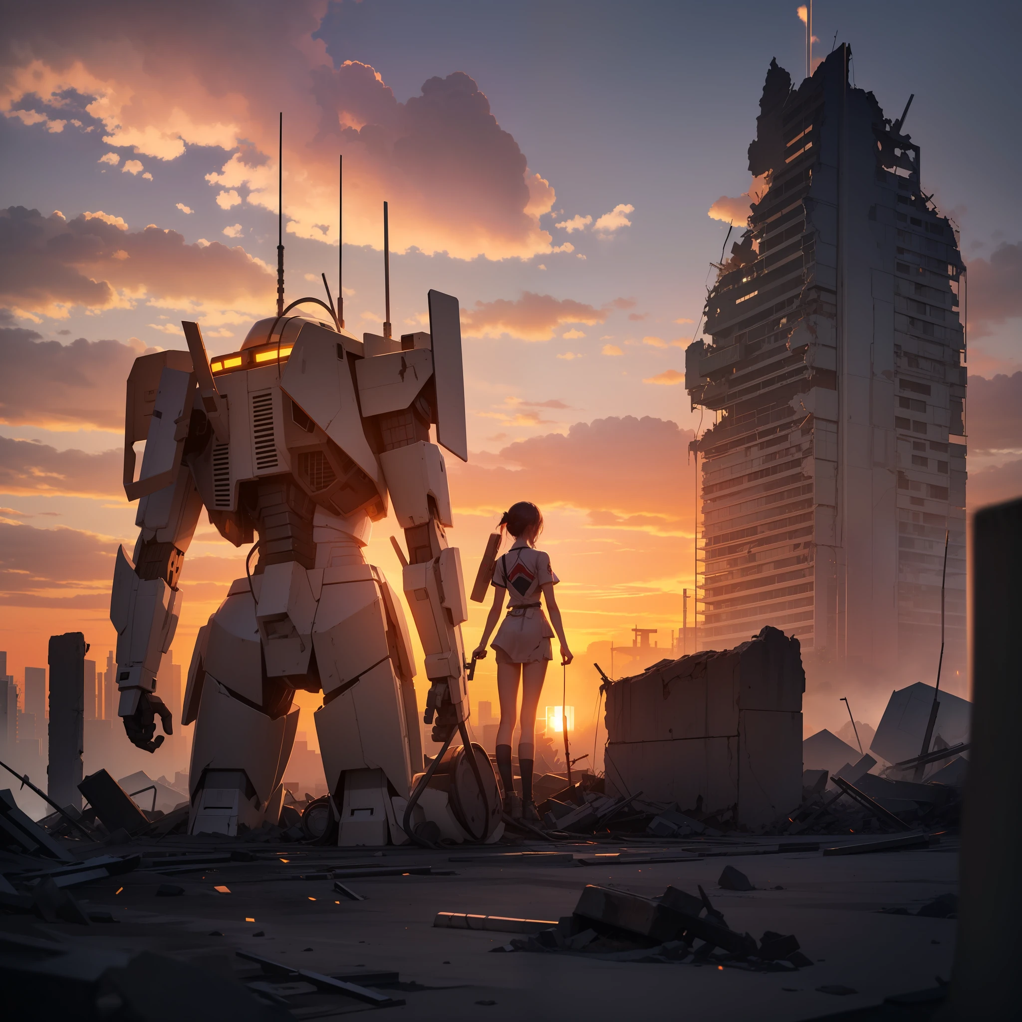 best quality,Surreal Photo,Ultra HD,extremely detailed cg unity 8k wallpaper,sunset,ruins,swirlying dust,game_cg,Cool Color Palette，viewfinder,facing away,vanishing point,backlighting,wide shot,cinematic lighting,colorful refraction,sunset,skyline,bright,realism，A huge broken Gundam kneels in the ruins as a backdrop，A girl sits on Gundam's shoulder and looks into the distance，Gundam is badly damaged，There are a lot of electric sparks flashing out of the Gundam breakage，There was a lot of smoke in the distance，Top-down view，Panoramic view，
