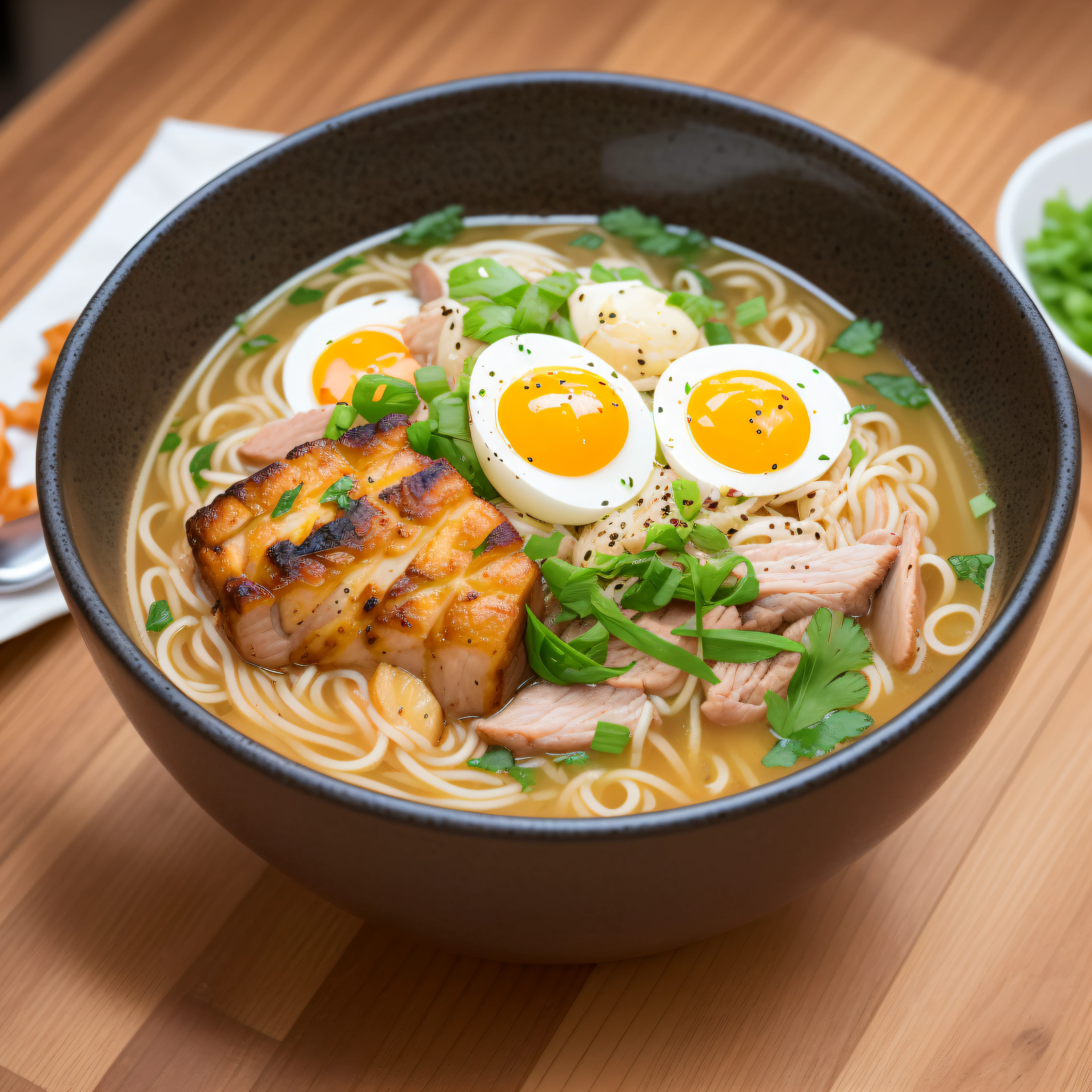 This picture shows a super realistic, HD, bowl of steaming hot ramen noodles, with a variety of toppings including sliced pork, boiled egg, green onions, and a sheet of nori (dried seaweed). The broth looks rich and flavorful, likely made from a combination of chicken, pork, and dashi (fish and seaweed stock). Ramen is a popular and beloved dish in Japan, and can be found at many restaurants and street food stalls.