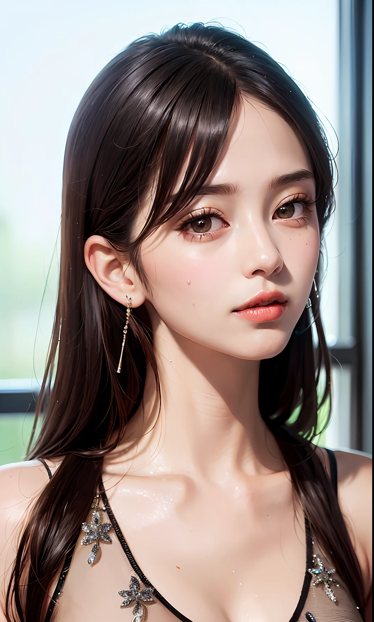 (8k, RAW photo, photorealistic: 1.25), (lip gloss, eyelashes, shiny face, shiny skin, best quality, ultra-high resolution, depth of field, chromatic aberration, caustics, wide range of lighting, Natural shading, Kpop idol) looking at the viewer with a calm and goddess-like happiness,