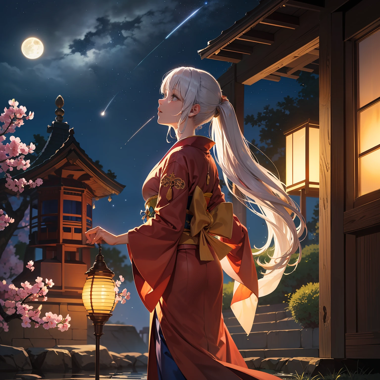 Open landscape , Landscape , Panorama shot , (Looking up, Looking down), Shrine maiden looking up, (Full moon: 1. 2), (Shooting star: 0. 9), (Nebula: 1. 3), Starry sky, Shining lantern, Fantastic cherry blossom tree, Trees, (Warm light source: 1. 2), (Firefly: 1. 2), Lamp 3), Starry sky, Torii gate, (Warm light source: 1. 2), ( (Firefly: 1. 2), Lamp, Orange and Blue Fine Detail, (Masterpiece: 1. 2), (Best Quality), 4k, Ultra Fine Detail, (Dynamic Composite: 1. 2), (Best Quality), Lamp, Orange and Blue Voluminous Lighting Main Fine Detail BREAK ((Masterpiece: 1.2), (Best Quality), 4k, Ultra Fine Detail, (Dynamic Composite: 1.4), Very Fine Detail, Colorful Detail, (Iridescent: 1. 2), (Luminous Lighting, Ambient Lighting), Dream like ( Ambient Lighting), dreamy, fantastic, (Solo: 1.2), sparkling, petals dancing, dancing light, white hair, beautiful hair, long hair, dancing hair, back view, puddle, dynamic pose, priestess outfit, priestess, red kimono