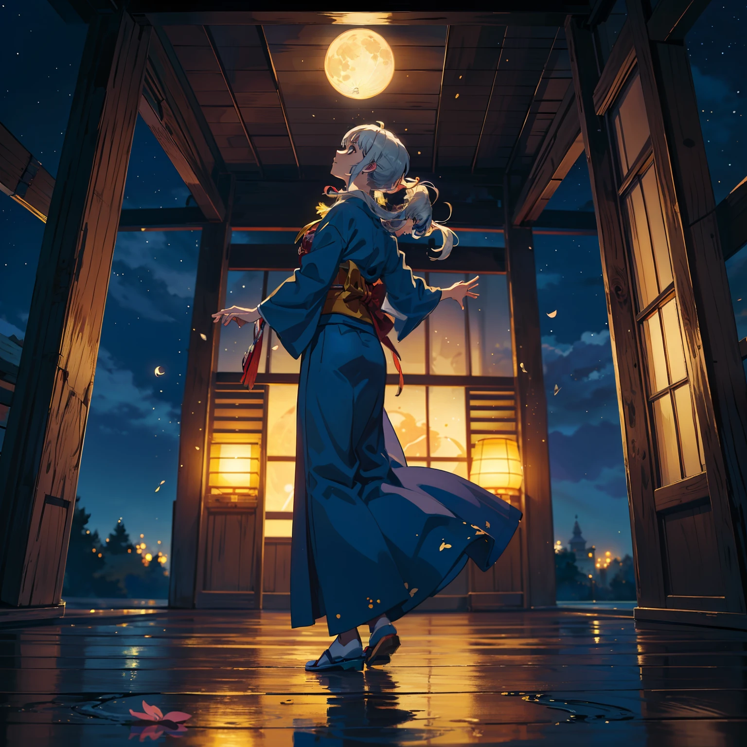 Open landscape , Landscape , Panorama shot , (Looking up, Looking down), Shrine maiden looking up, (Full moon: 1. 2), (Shooting star: 0. 9), (Nebula: 1. 3), Starry sky, Shining lantern, Fantastic cherry blossom tree, Trees, (Warm light source: 1. 2), (Firefly: 1. 2), Lamp 3), Starry sky, Torii gate, (Warm light source: 1. 2), ( (Firefly: 1. 2), Lamp, Orange and Blue Fine Detail, (Masterpiece: 1. 2), (Best Quality), 4k, Ultra Fine Detail, (Dynamic Composite: 1. 2), (Best Quality), Lamp, Orange and Blue Voluminous Lighting Main Fine Detail BREAK ((Masterpiece: 1.2), (Best Quality), 4k, Ultra Fine Detail, (Dynamic Composite: 1.4), Very Fine Detail, Colorful Detail, (Iridescent: 1. 2), (Luminous Lighting, Ambient Lighting), Dream like ( Ambient Lighting), dreamy, fantastic, (Solo: 1.2), sparkling, petals dancing, dancing light, white hair, beautiful hair, long hair, dancing hair, back view, puddle, dynamic pose, priestess outfit, priestess, red kimono