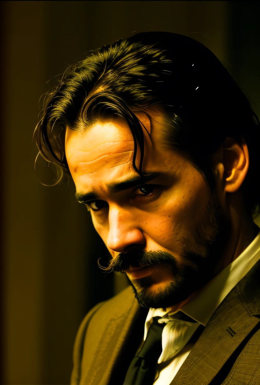 arafed man with a beard and a moustache stares at something,Evil eyes,Terrifying eyes, delaroche, Django, shot from danis villeneuve movie, Handsome man, tartakovsky, dracula, joe taslim, colin farrell, portrait of john wick, screenshot from morbius (2022), dramatic movie still, a photo of a disheveled man, alejandro