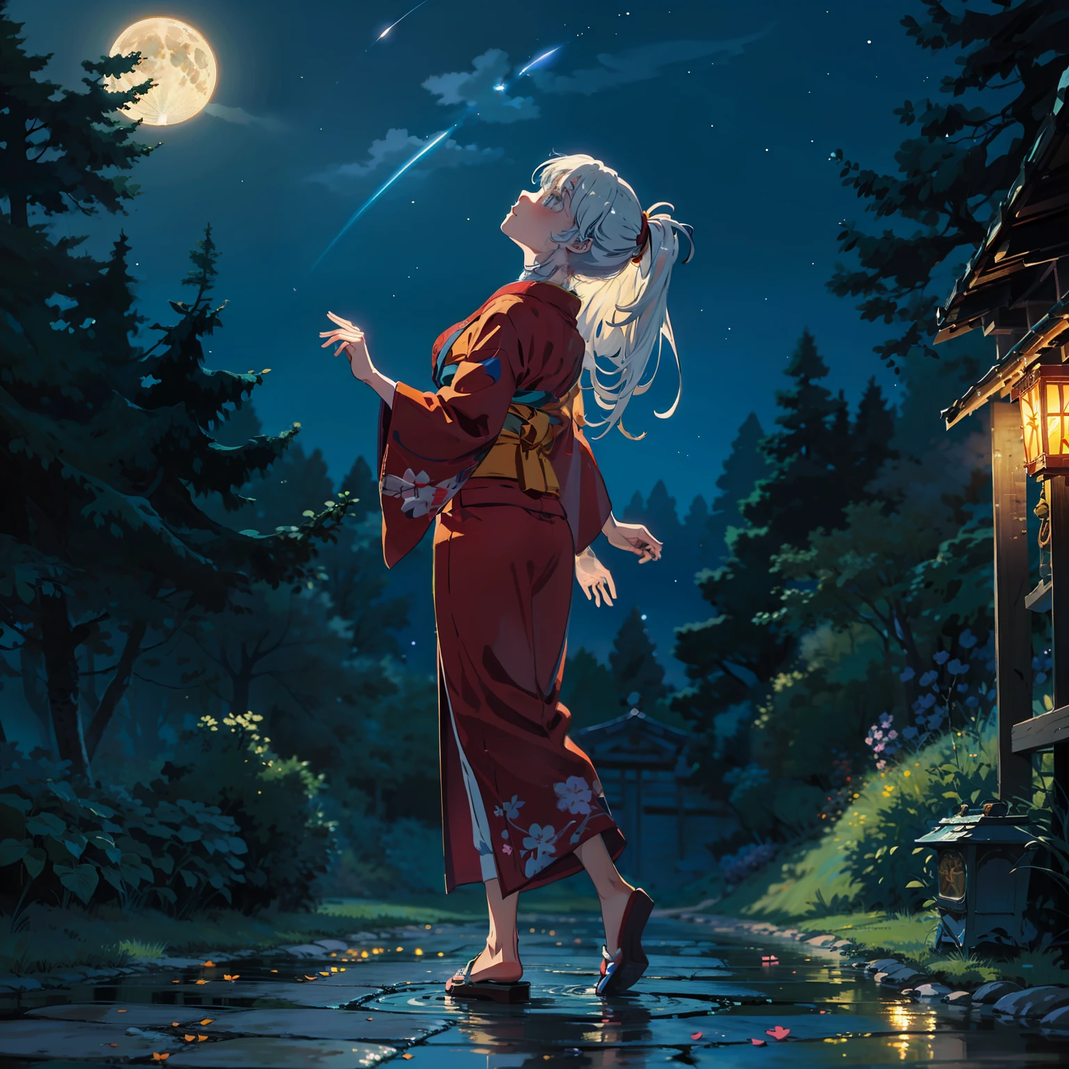 Open landscape , Landscape , Panorama shot , (Looking up, Looking down), Shrine maiden looking up, (Full moon: 1. 2), (Shooting star: 0. 9), (Nebula: 1. 3), Starry sky, Shining lantern, Fantastic cherry blossom tree, Trees, (Warm light source: 1. 2), (Firefly: 1. 2), Lamp 3), Starry sky, Torii gate, (Warm light source: 1. 2), ( (Firefly: 1. 2), Lamp, Orange and Blue Fine Detail, (Masterpiece: 1. 2), (Best Quality), 4k, Ultra Fine Detail, (Dynamic Composite: 1. 2), (Best Quality), Lamp, Orange and Blue Voluminous Lighting Main Fine Detail BREAK ((Masterpiece: 1.2), (Best Quality), 4k, Ultra Fine Detail, (Dynamic Composite: 1.4), Very Fine Detail, Colorful Detail, (Iridescent: 1. 2), (Luminous Lighting, Ambient Lighting), Dream like ( Ambient Lighting), dreamy, fantastic, (Solo: 1.2), sparkling, petals dancing, dancing light, white hair, beautiful hair, long hair, dancing hair, back view, puddle, dynamic pose, priestess outfit, priestess, red kimono