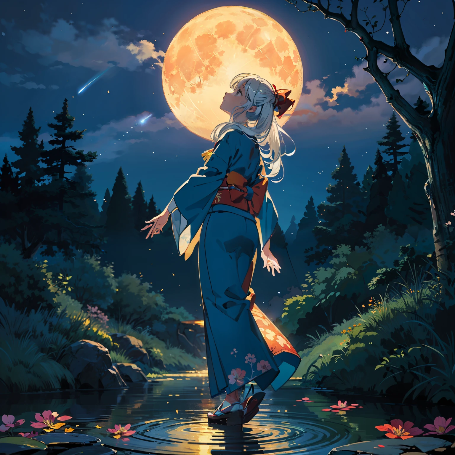 Open landscape , Landscape , Panorama shot , (Looking up, Looking down), Shrine maiden looking up, (Full moon: 1. 2), (Shooting star: 0. 9), (Nebula: 1. 3), Starry sky, Shining lantern, Fantastic cherry blossom tree, Trees, (Warm light source: 1. 2), (Firefly: 1. 2), Lamp 3), Starry sky, Torii gate, (Warm light source: 1. 2), ( (Firefly: 1. 2), Lamp, Orange and Blue Fine Detail, (Masterpiece: 1. 2), (Best Quality), 4k, Ultra Fine Detail, (Dynamic Composite: 1. 2), (Best Quality), Lamp, Orange and Blue Voluminous Lighting Main Fine Detail BREAK ((Masterpiece: 1.2), (Best Quality), 4k, Ultra Fine Detail, (Dynamic Composite: 1.4), Very Fine Detail, Colorful Detail, (Iridescent: 1. 2), (Luminous Lighting, Ambient Lighting), Dream like ( Ambient Lighting), dreamy, fantastic, (Solo: 1.2), sparkling, petals dancing, dancing light, white hair, beautiful hair, long hair, dancing hair, back view, puddle, dynamic pose, priestess outfit, priestess, red kimono