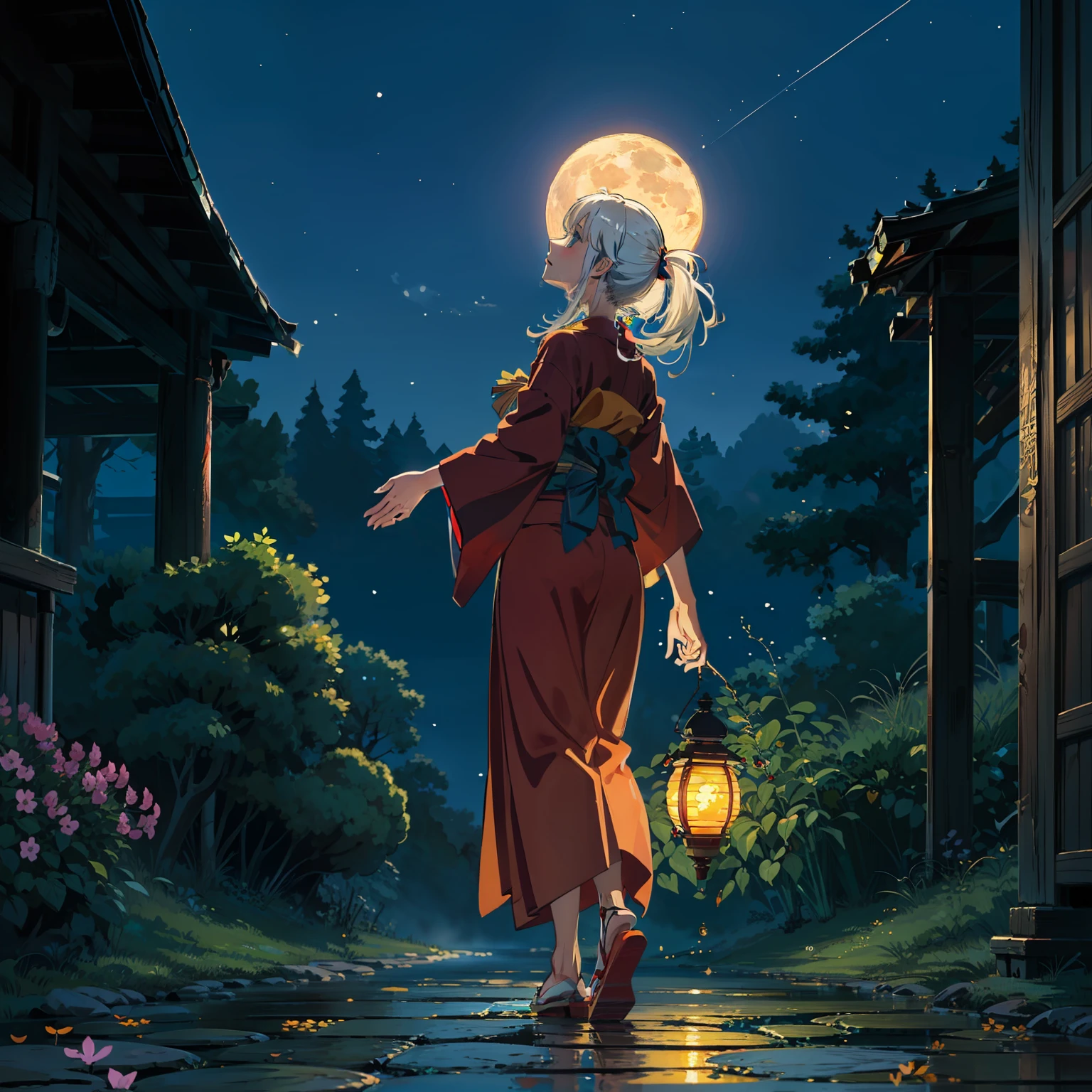 Open landscape , Landscape , Panorama shot , (Looking up, Looking down), Shrine maiden looking up, (Full moon: 1. 2), (Shooting star: 0. 9), (Nebula: 1. 3), Starry sky, Shining lantern, Fantastic cherry blossom tree, Trees, (Warm light source: 1. 2), (Firefly: 1. 2), Lamp 3), Starry sky, Torii gate, (Warm light source: 1. 2), ( (Firefly: 1. 2), Lamp, Orange and Blue Fine Detail, (Masterpiece: 1. 2), (Best Quality), 4k, Ultra Fine Detail, (Dynamic Composite: 1. 2), (Best Quality), Lamp, Orange and Blue Voluminous Lighting Main Fine Detail BREAK ((Masterpiece: 1.2), (Best Quality), 4k, Ultra Fine Detail, (Dynamic Composite: 1.4), Very Fine Detail, Colorful Detail, (Iridescent: 1. 2), (Luminous Lighting, Ambient Lighting), Dream like ( Ambient Lighting), dreamy, fantastic, (Solo: 1.2), sparkling, petals dancing, dancing light, white hair, beautiful hair, long hair, dancing hair, back view, puddle, dynamic pose, priestess outfit, priestess, red kimono