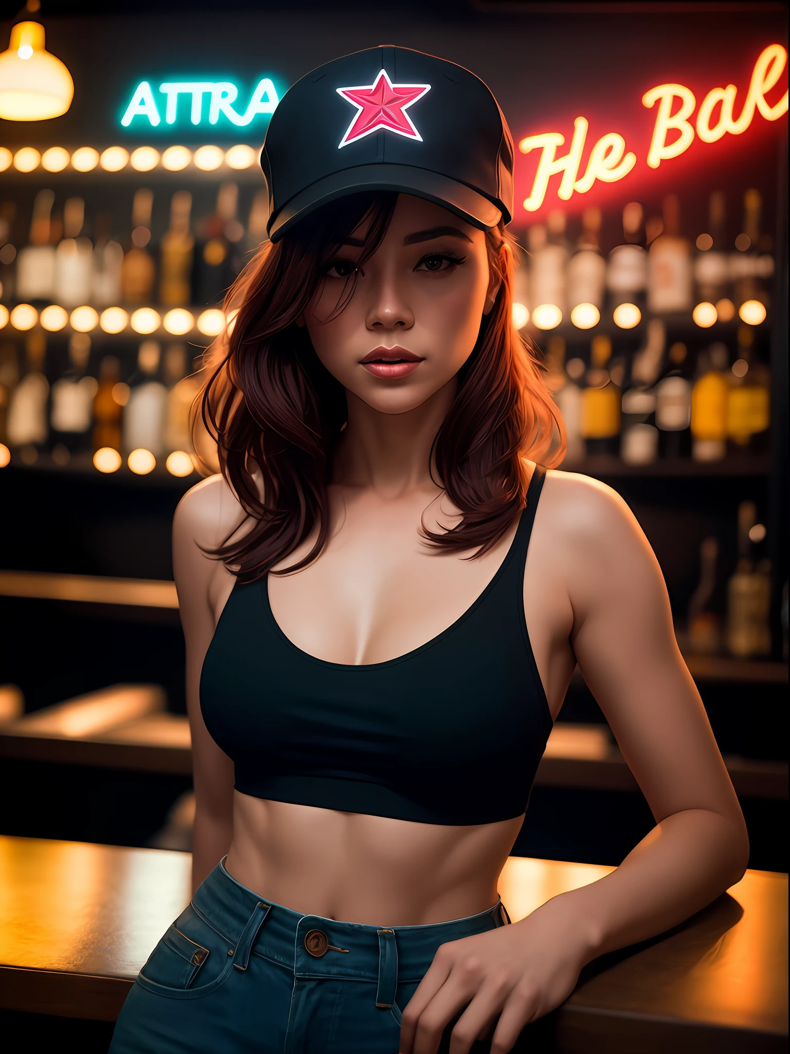 obra-prima, uma linda mulher italiana com seios enormes sentada em um bar, with cap, aesthetic cyberpunk, neon lighting, Very detailed lighting, Dramatic, trending digital art in Artstation 8k HD realistic detailed high definition, detalhado, textura da pele, hiper detalhado, textura de pele realista, armadura, melhor qualidade, Ultra alto nada, (fotorrealista: 1.4), Highresolution, detalhado, foto crua, sharp re, por Lee Jeffries Nikon D850 Film Fotografia de Stock 4 Kodak Portra 400 Camera F1.6 lens rich colors hyper realistic texture dramatic lighting unrealengine trend in artstation cinestill 800