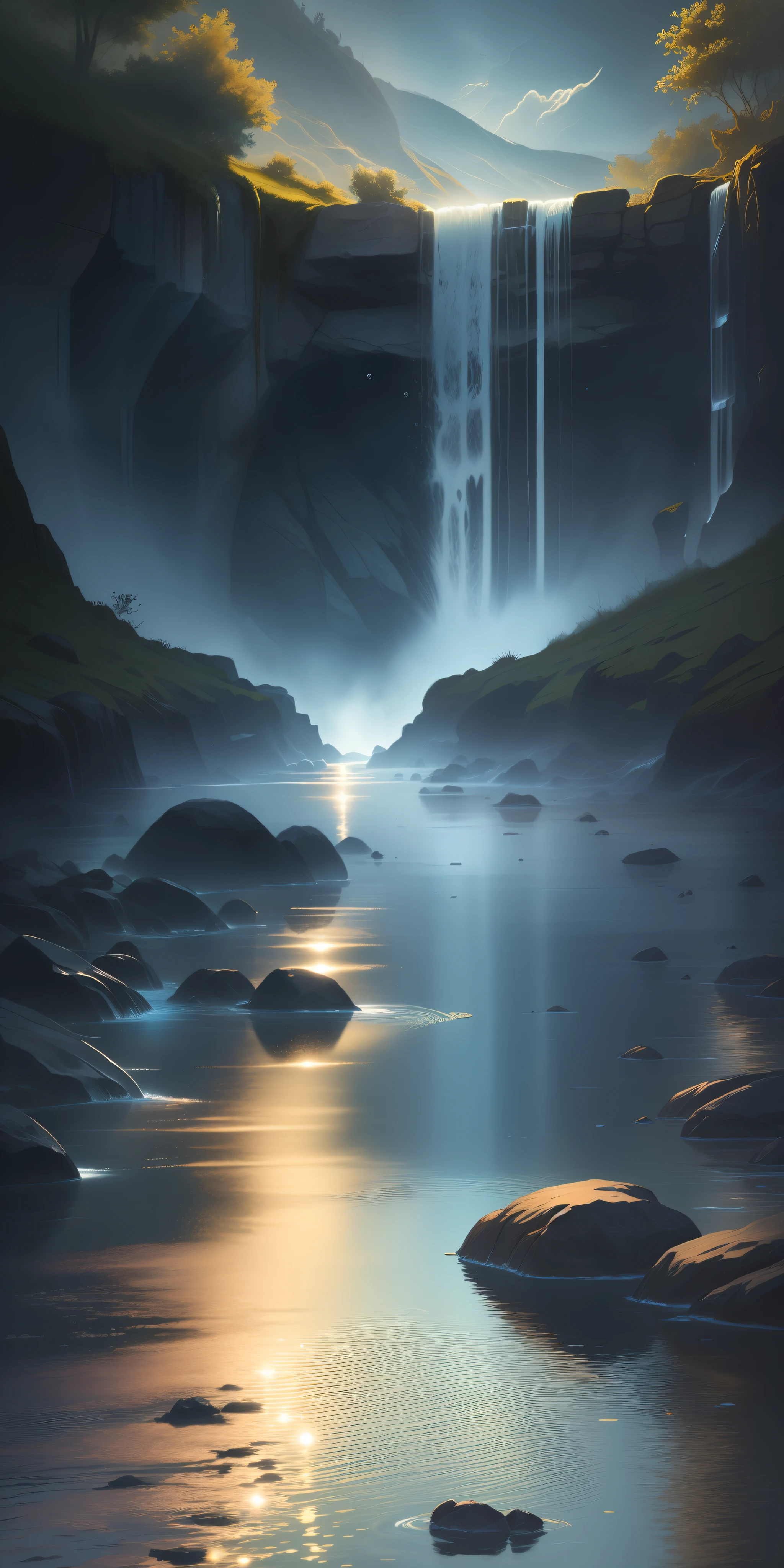 Water through,colorful water,water falling down in sky,dark background, high resolution,high quality