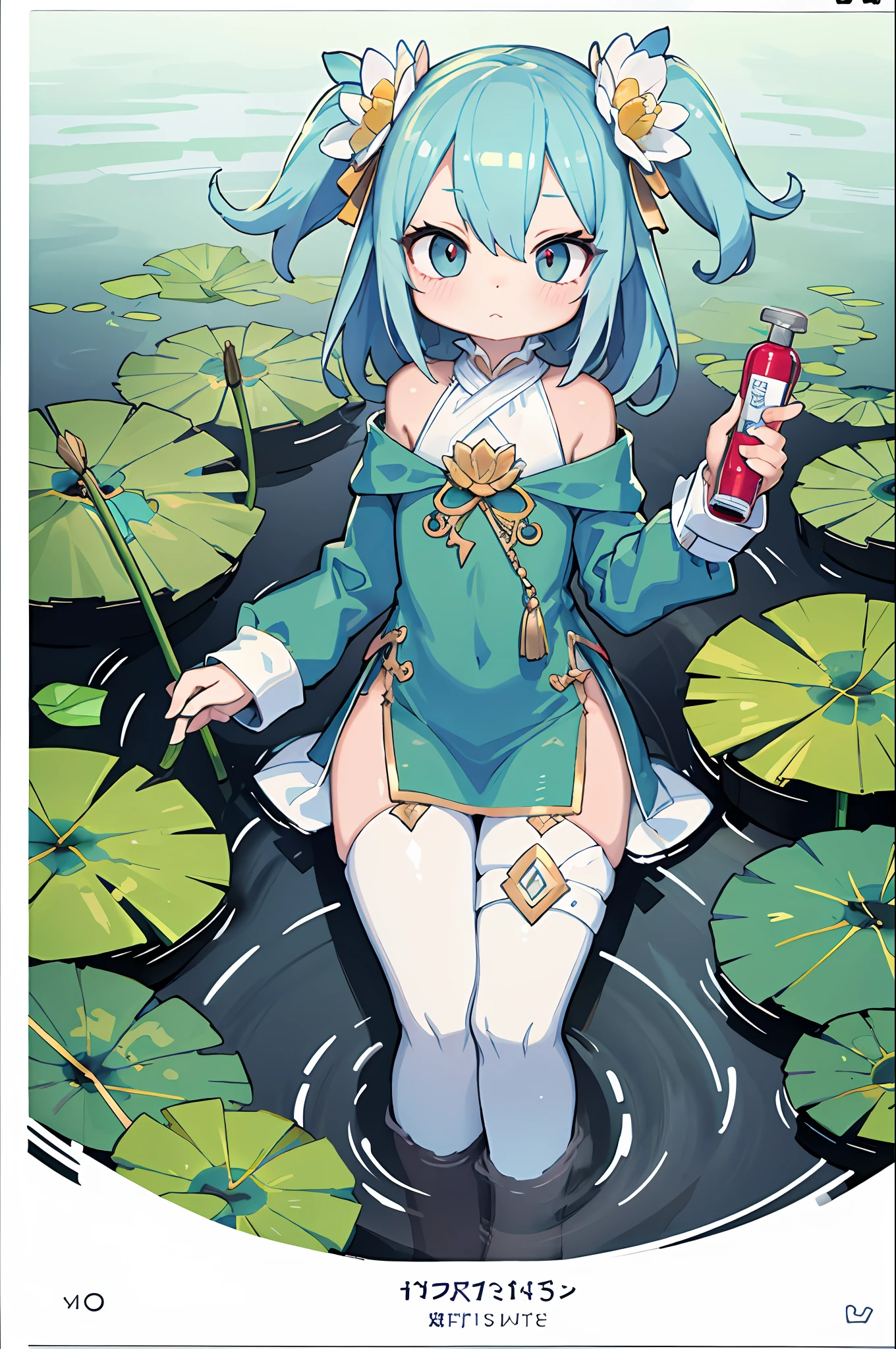 Super cute girl,holding a lotus leaflight rain pond, super cute girl IP by pop martpastel color mockup,blind box toyfine lusterclean background,3D renderoc renderbest quality4k
