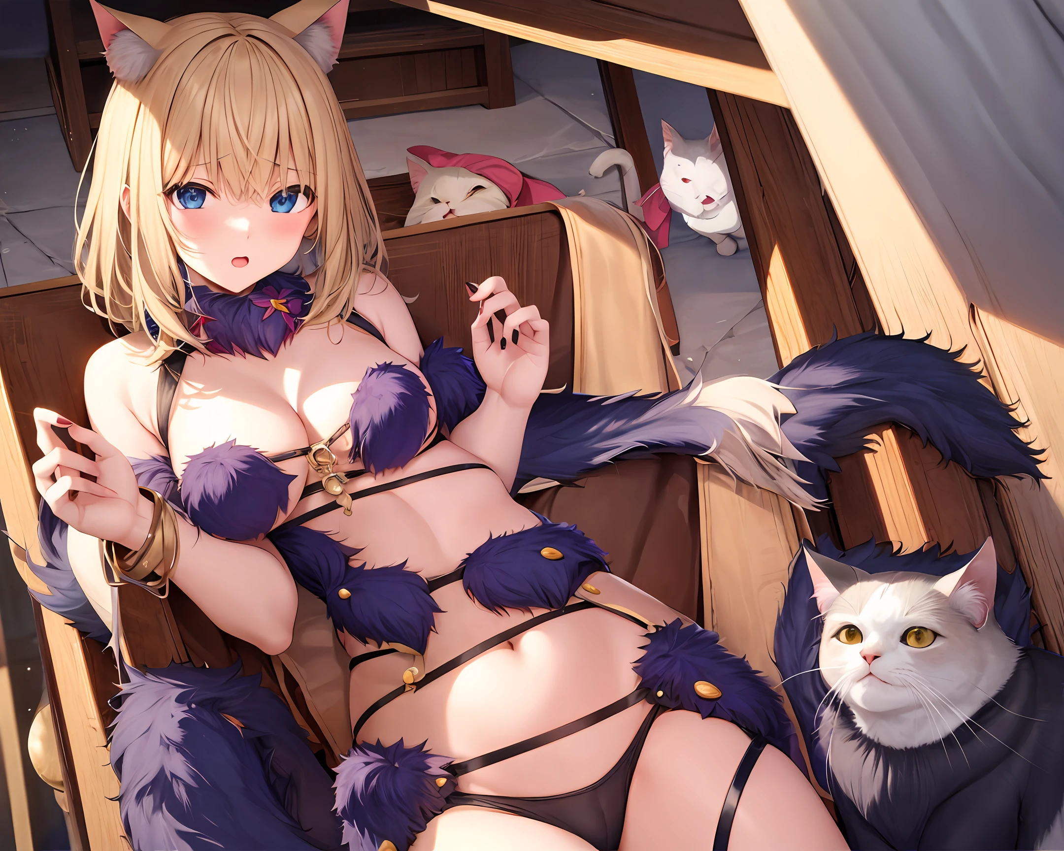 Cute anime two-dimensional blonde loli，revealing cleavage，Cat lady，expose private parts