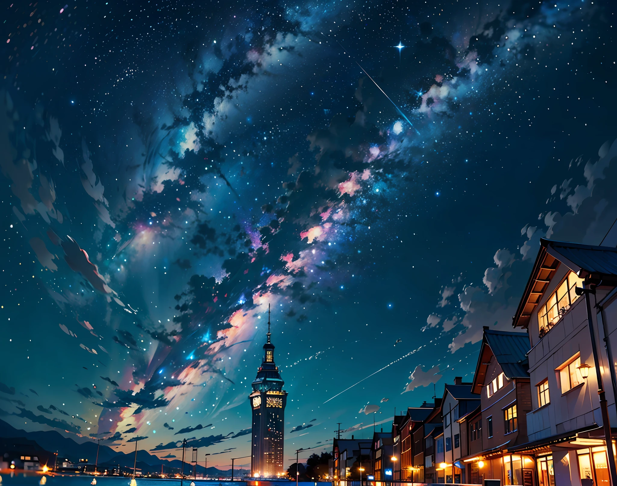 In a starry sky,Schools of fish invite swimming in the sky,Ultra-high resolution, high resolutions, (Masterpiece:1.4), hyper detailed, seen from above,Small schools of black fish ,starry night sky, afloat, --v 6