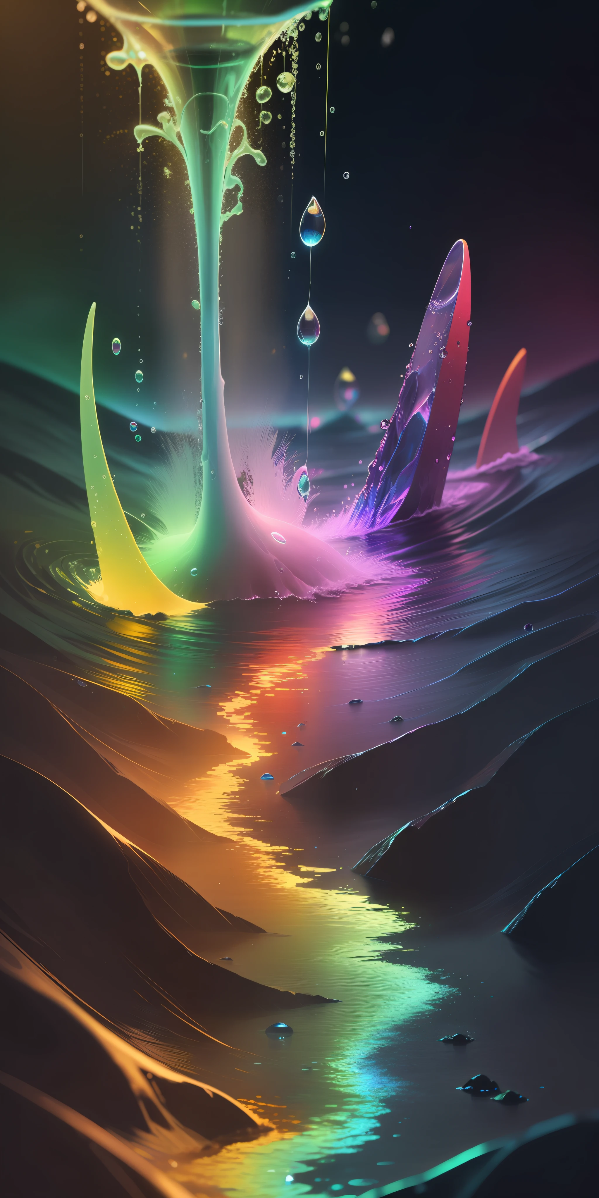 Water through,colorful water, colorful,neon lights,water drops, dark background, high resolution,high quality