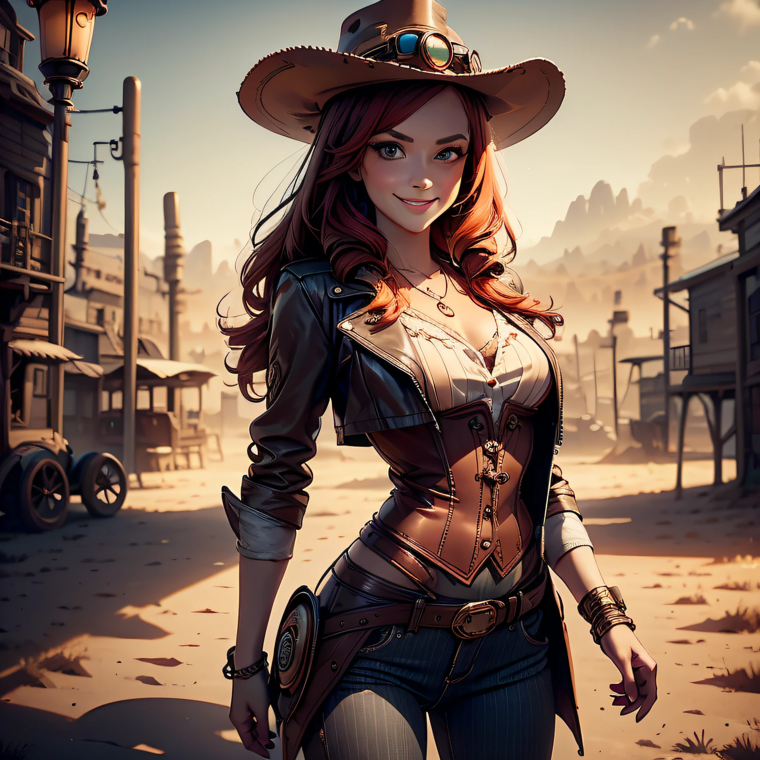 4K, Masterpiece, highres, absurdres,natural volumetric lighting and best shadows,highly detailed face, highly detailed facial features, smiling, beautiful smile, 1girl, solo, long hair, breasts, blue eyes, hat, jewelry, jacket, red hair, boots, pants, necklace, nail polish, orange hair, goggles, corset, curly hair, goggles on headwear, striped pants, steampunk, steampunk_costume