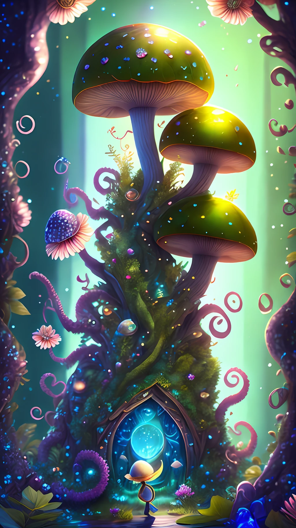 in a magical forest of lush green exotic plants and lush exotic colorful flowers, crystal clear water seeps, little creature with features of a mushroom and an octopus on top, Beeple and Jeremiah Ketner, an alien mushroom with tentacles, very beautiful and cuddly, detailed small eyes, and little tuned mouth, too cute, fantasy, magic, mythological, fairy tale, magical tale, detailed detailed background, global illumination, celestial illumination, magical illumination, backlight, , 3D stylized rendering, 3 D render beeple, Highly Detailed 4K Digital Artwork, Daily Beeple Artwork, Lindo Detailed Digital Artwork, Detailed 3D Digital Artwork, 8K High Quality Detailed Artwork, State of the Art Autodesk Maya VFX, Post Production