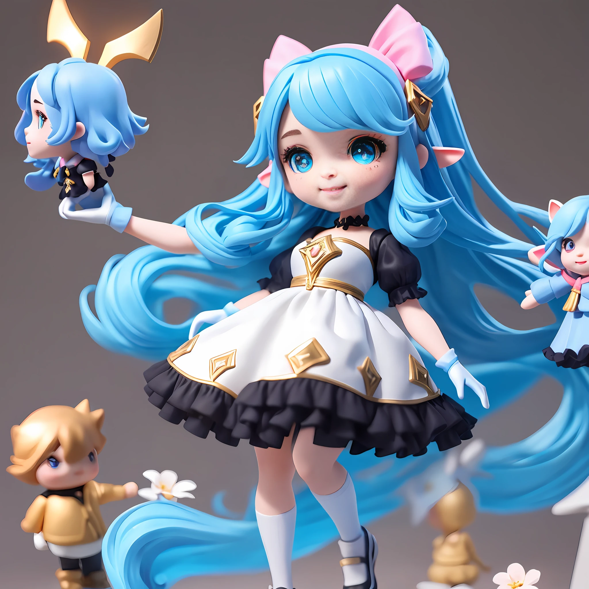 1girls, Black bow, Black gloves, black legwear, Blue eyes, Blue hair, clarkbone, dress, Drill hair, Frilled dress, frils, mitts, Gwen\(league of legend), Gwen's big scissors，hairornaments，high resolutions，League legendary，slong hair，Split lips，puff sleeves，Pink pupils，smiled，独奏，White dress，x，x hair accessories，Gigantic big tits，inside room，semi naked，Delicate hair，Arm carving，Blue hair，blossoms，Delicate shoes，Depiction of facial features，Delicate facial features，Eye portrayal，Delicate hair，Popmart blind box，Clay texture，the golden ratio，Black and white background，NaturalLighting，the best qualityt，ultra-details，3D art，C4D, OC renderer, 3d render, 8K，Various actions，Blushlush，Q version，（Big-headed doll:2），midget，Round toot