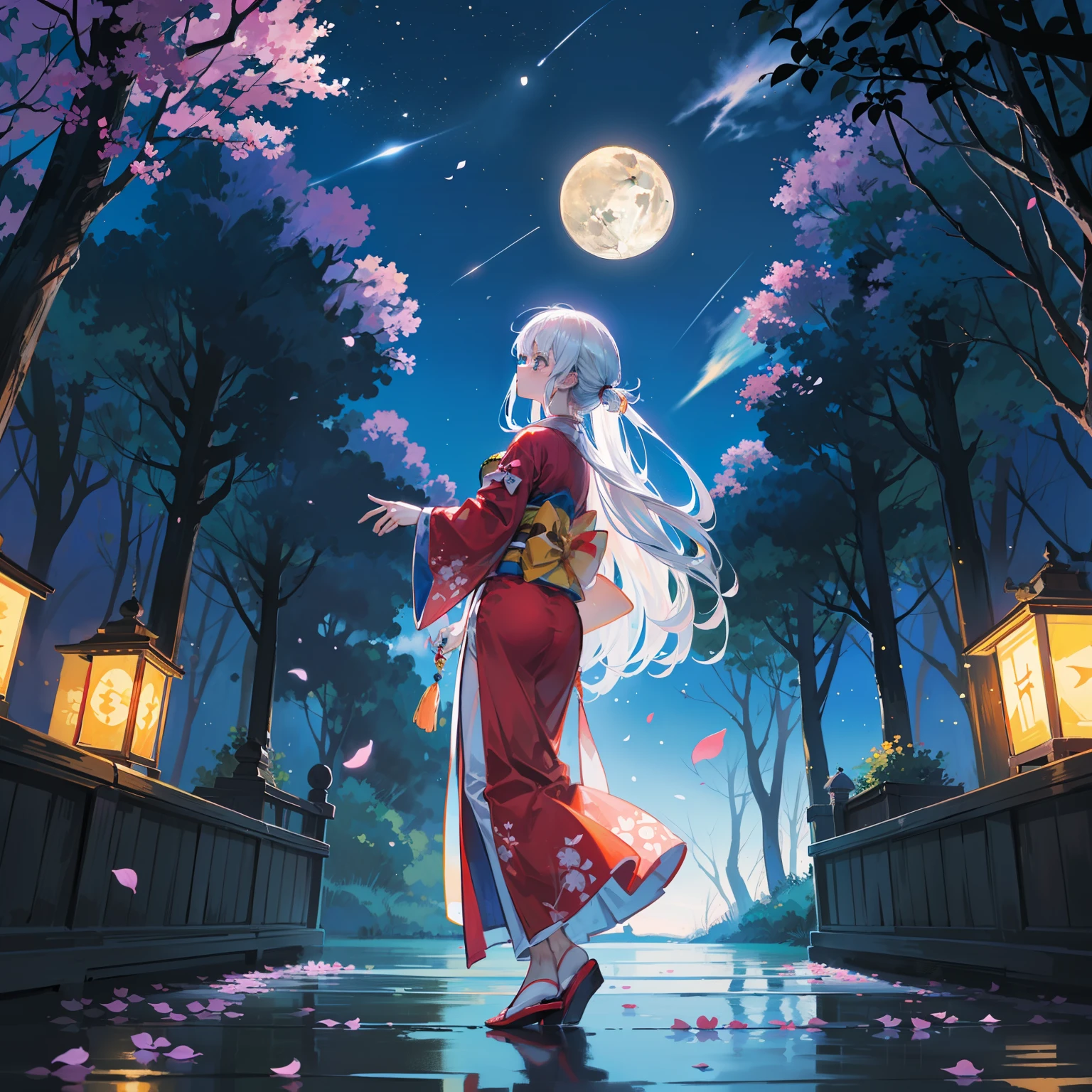 Open landscape , Landscape , Panorama shot , (Looking up, Looking down), Shrine maiden looking up, (Full moon: 1. 2), (Shooting star: 0. 9), (Nebula: 1. 3), Starry sky, Shining lantern, Fantastic cherry blossom tree, Trees, (Warm light source: 1. 2), (Firefly: 1. 2), Lamp 3), Starry sky, Torii gate, (Warm light source: 1. 2), ( (Firefly: 1. 2), Lamp, Orange and Blue Fine Detail, (Masterpiece: 1. 2), (Best Quality), 4k, Ultra Fine Detail, (Dynamic Composite: 1. 2), (Best Quality), Lamp, Orange and Blue Voluminous Lighting Main Fine Detail BREAK ((Masterpiece: 1.2), (Best Quality), 4k, Ultra Fine Detail, (Dynamic Composite: 1.4), Very Fine Detail, Colorful Detail, (Iridescent: 1. 2), (Luminous Lighting, Ambient Lighting), Dream like ( Ambient Lighting), dreamy, fantastic, (Solo: 1.2), sparkling, petals dancing, dancing light, white hair, beautiful hair, long hair, dancing hair, back view, puddle, dynamic pose, priestess outfit, priestess, red kimono