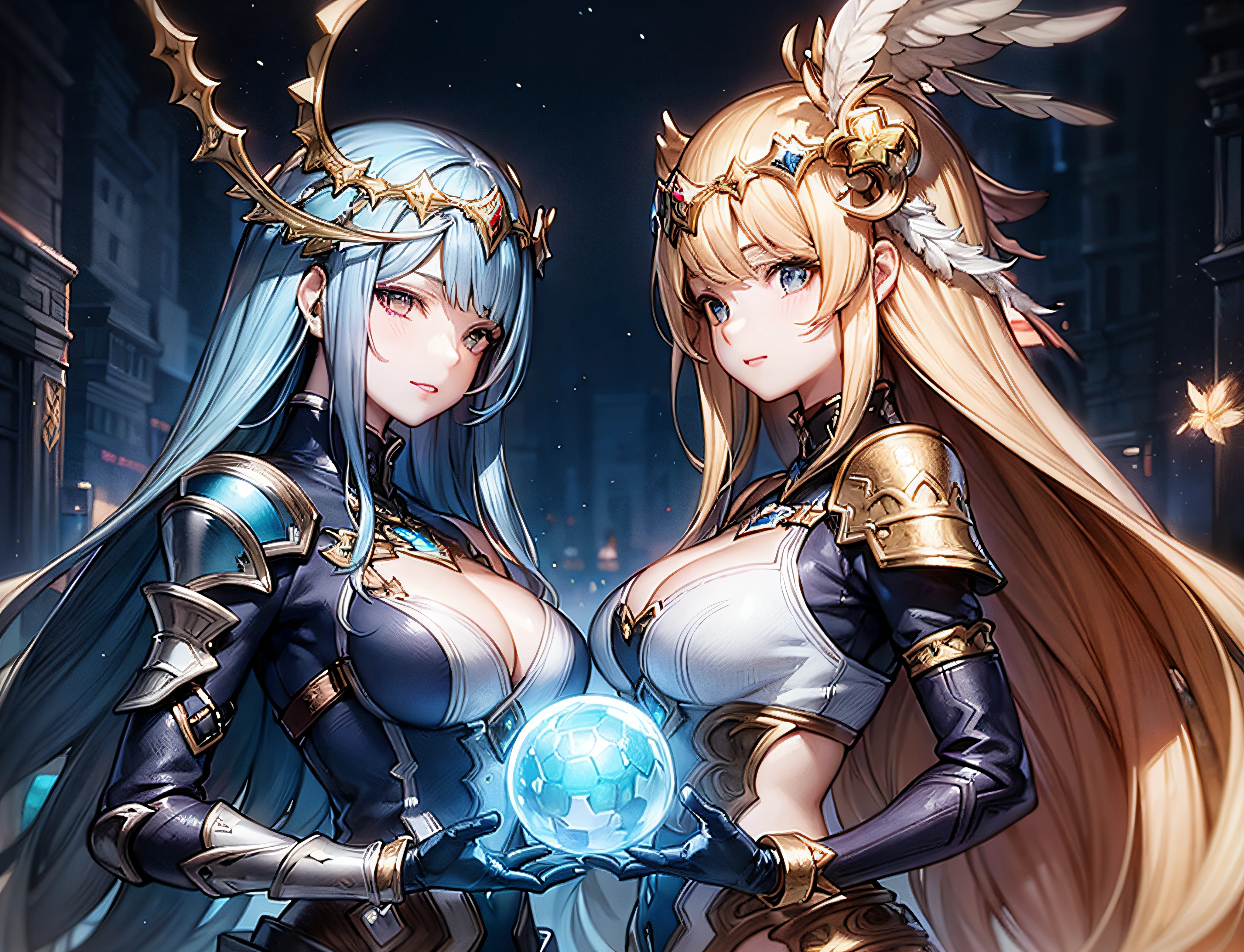 two anime girls with long hair and armor holding a crystal ball, granblue fantasy, shadowverse style, cushart krenz key art feminine, high detailed official artwork, 8K high quality detailed art, portrait knights of zodiac girl, queen and ruler of the universe, venus godness athena, Detailed digital anime art, 2. 5 D CGI anime fantasy artwork