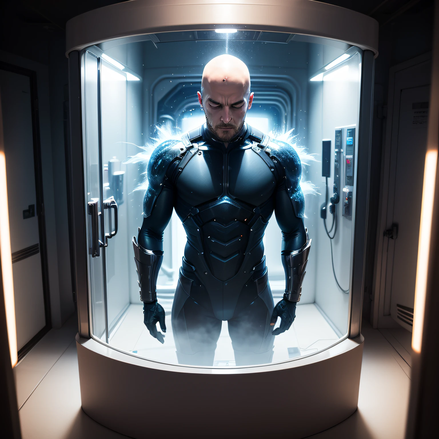Transport yourself to a futuristic laboratory in the year 2122, where a cryogenic chamber holds the preserved body of a man frozen for a century. As the technology finally allows for his revival, the image should capture the pivotal moment of his awakening. Show the man inside the transparent chamber, his eyes closed in deep slumber. Surround the scene with advanced machinery, glowing lights, and a sense of anticipation for his reentry into a world unimaginably changed. The man is bald and has his eyes closed. He is standing up. --auto