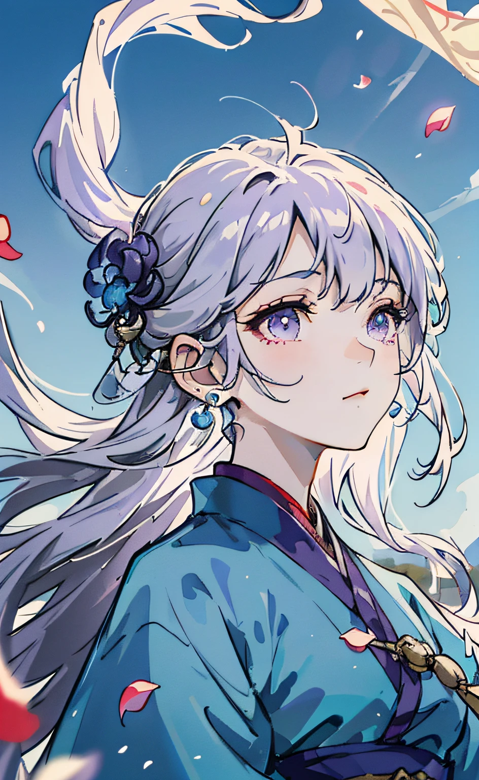 Mature girl, purple eyes, blue-white hair color, floating hair, delicate and flexible eyes, intricate damask hanfu, gorgeous accessories, wearing pearl earrings, fov, f/1.8, masterpiece, ancient Chinese architecture, blue sky, flower petals flying, front portrait shot, Chang'e, side lighting, sunlight on people, 8K