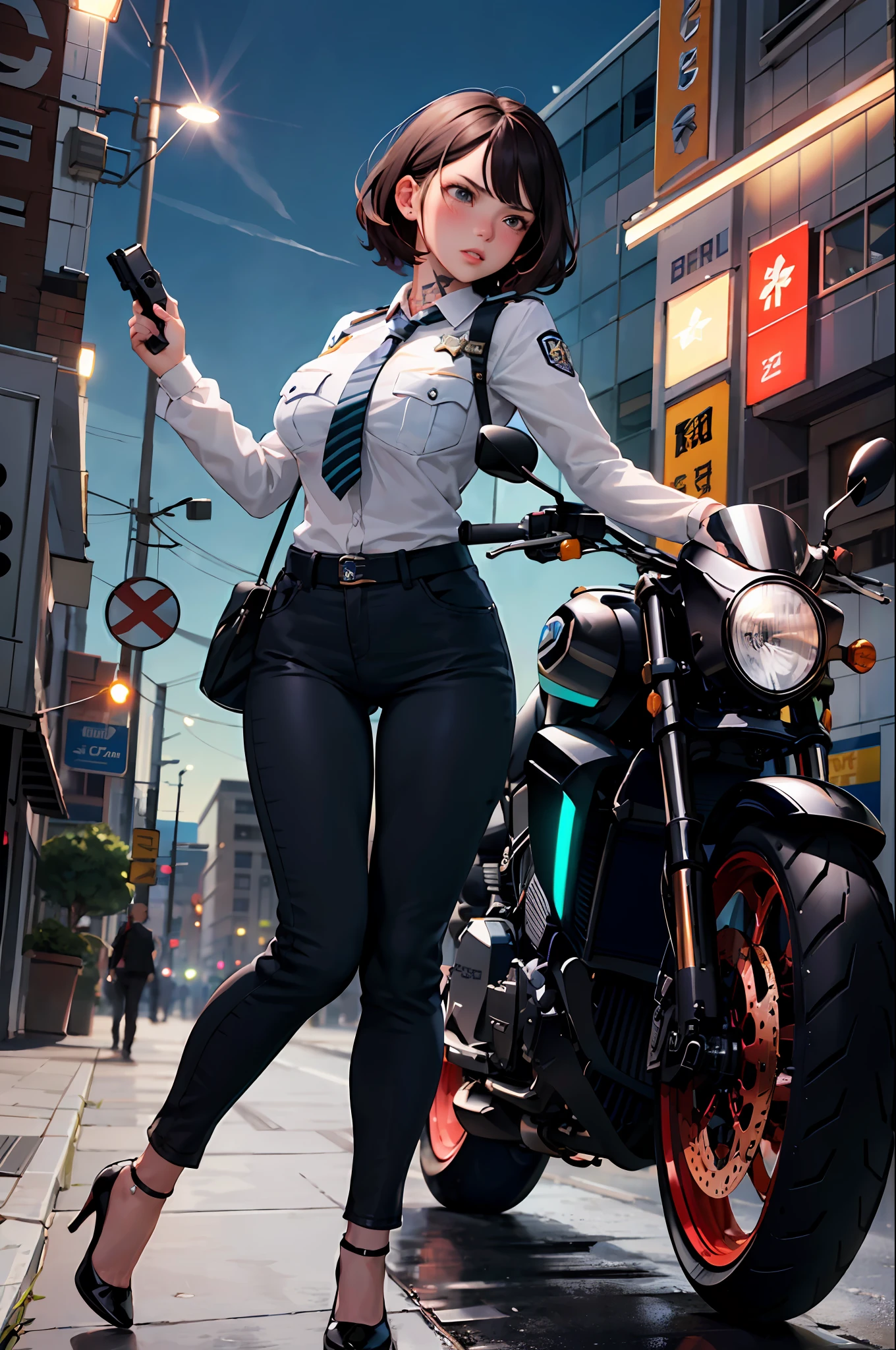 1girls, Policewoman, Delicate and beautiful face, Blush face, Short curly hair, hair spread out, Hair strips dyeing，goggles, angry, parted lips, tattooed，Busty boobs, Convex buttocks, White striped shirt, With police insignia, black necktie, Black suit pants, Black high heels, mitts, Raise the gun in your hand, perfectly proportioned, Detailed clothing details, Police motorcycles, Police light effect, The metropolis of the future, Sci-fi sense, Cinematic lighting, filmgrain, Fujicolor, contrast between light and dark, 8K, Masterpiece, Textured skin, Super detail, highdetailed, High quality, high resolutions,